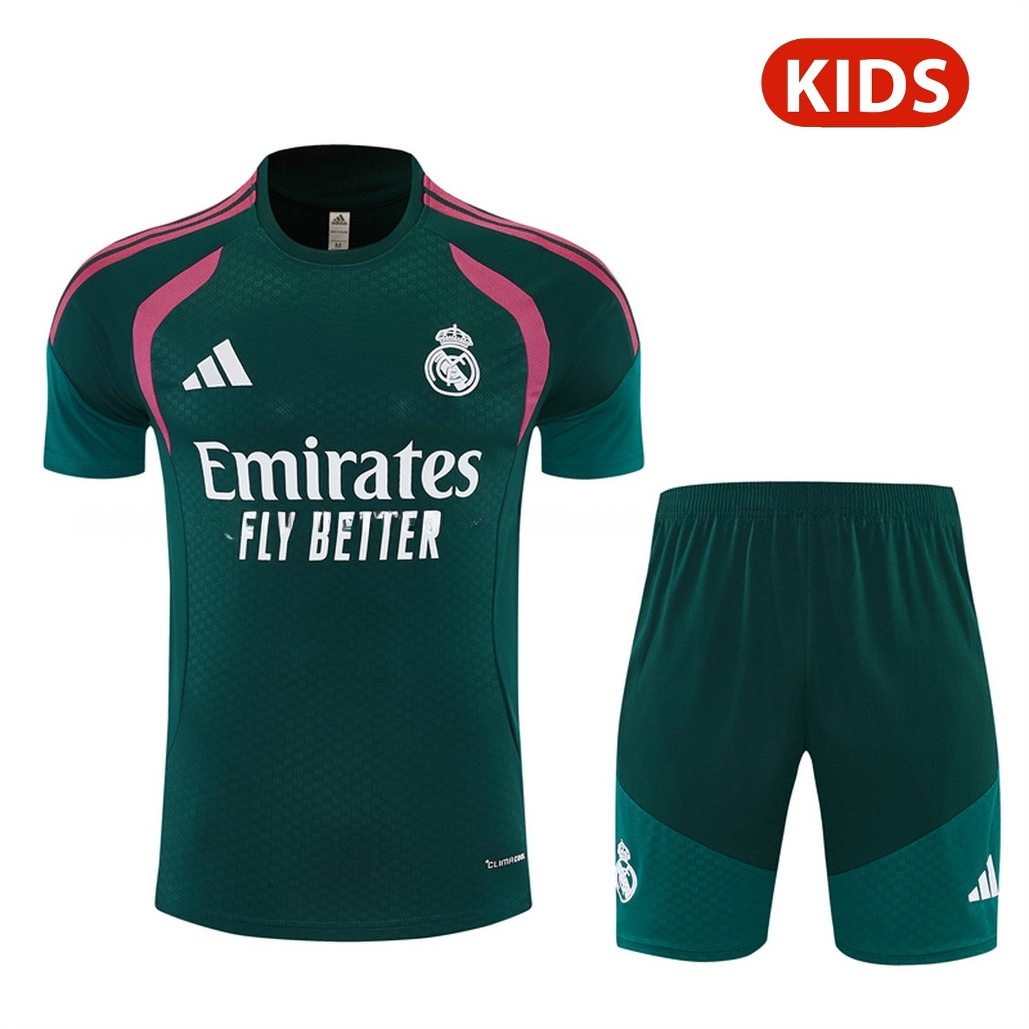 Real Madrid 26-27 Rose Red Stripes Kids Short-Sleeve Training Set - Dark Green Top & Dark Green Shorts - ManixJersey