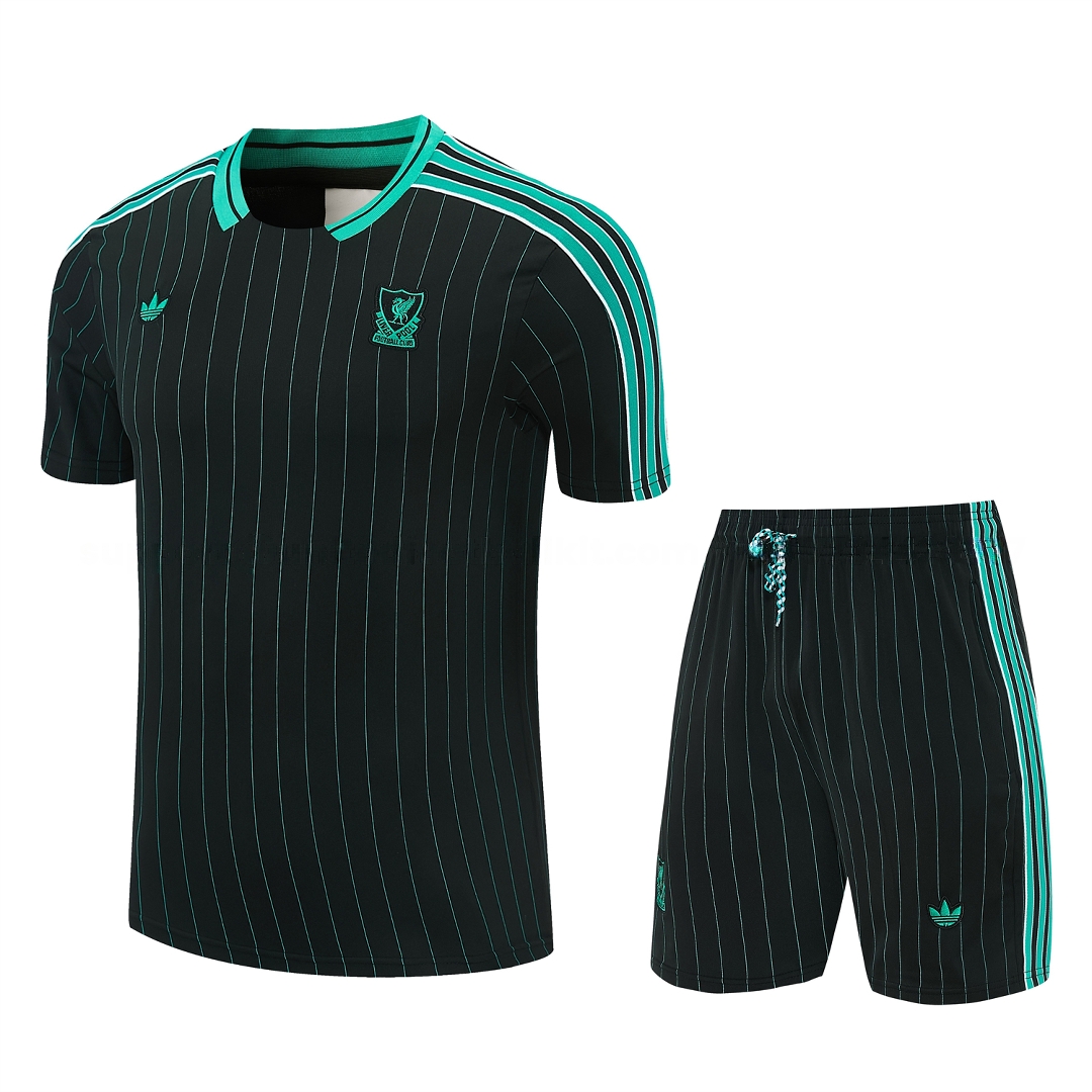 Liver.pool 25-26 Retro Style Short-Sleeve Training Set - Black With Teal Stripes And Accents Top & Pants - ManixJersey