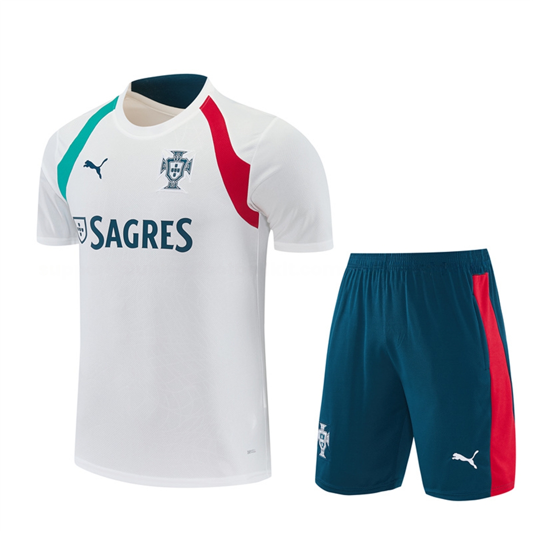 Portugal 2026 Short-Sleeve Training Set - White With Red And Green Accents Top & Dark Blue With A Red Stripe Pants - ManixJersey