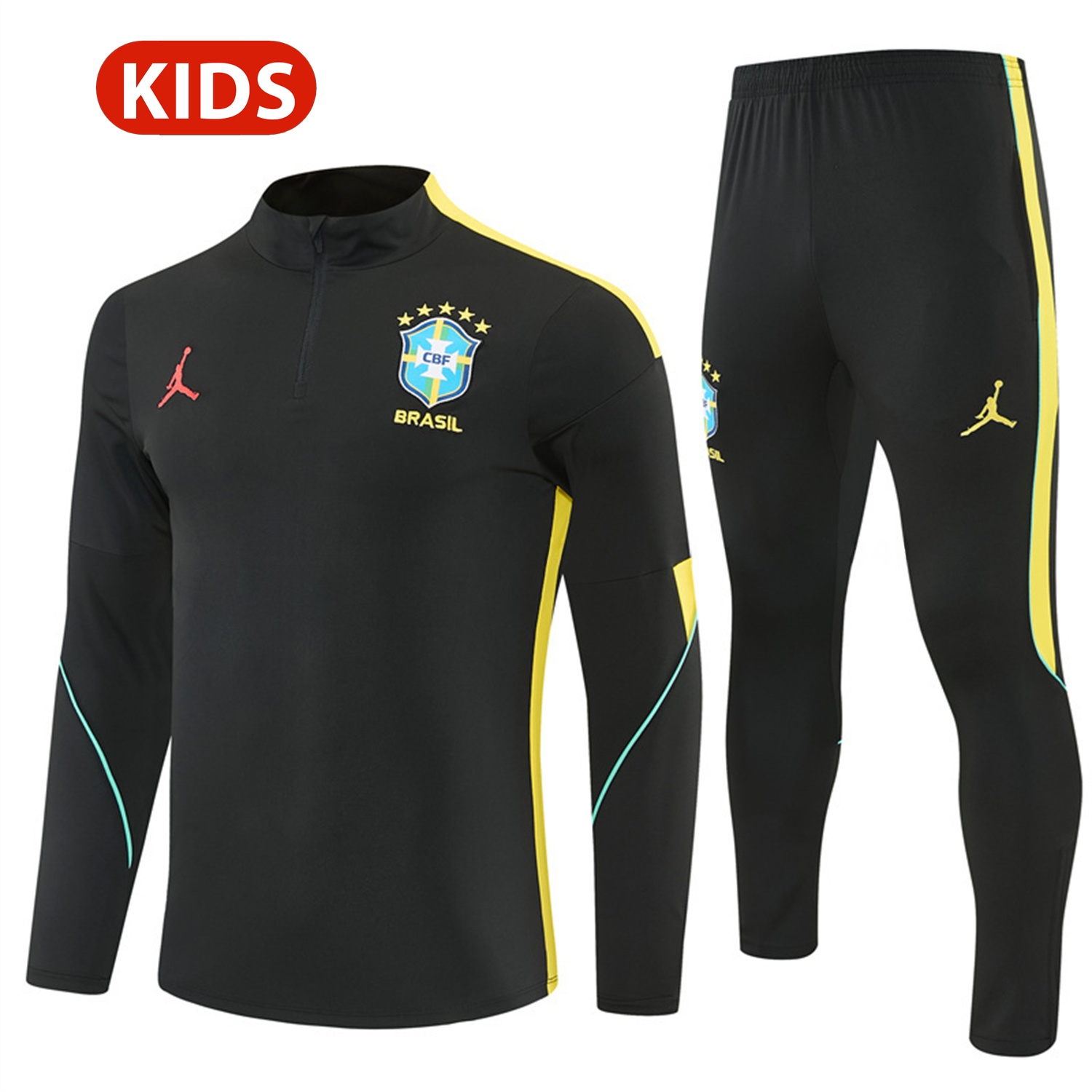 Brazil X JD 2026 Kids Long Sleeves Training Set - Black Top And Black Yellow Pants - ManixJersey