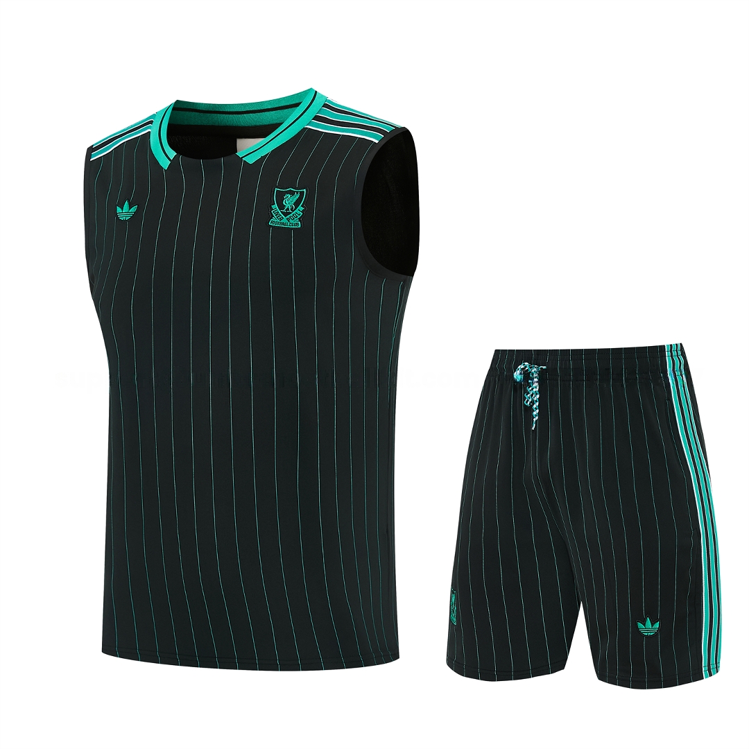 Liver.pool 25-26 Retro Style Vest Training Set - Black With Turquoise Stripes Top & Pants - ManixJersey