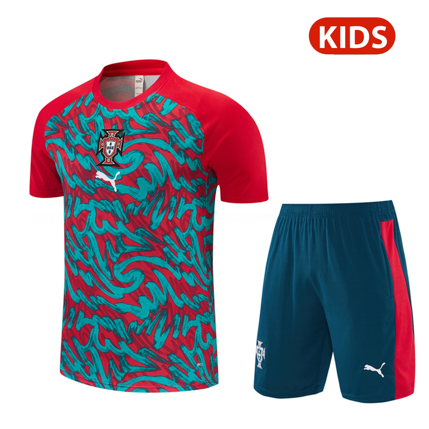 Portugal 2026 Kids Short-Sleeve Training Set - Red And Turquoise With A Swirling Pattern Top & Pants - ManixJersey