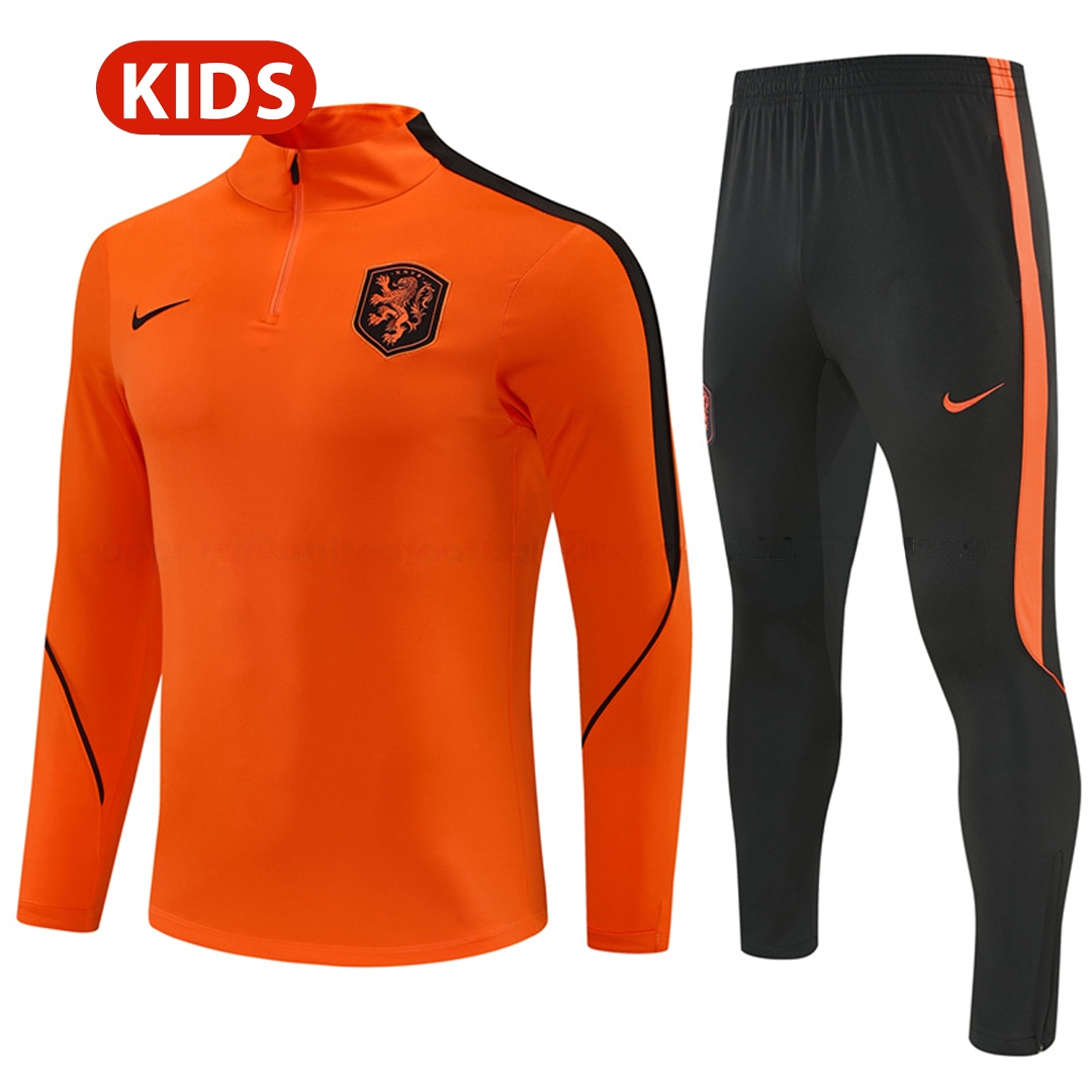 Netherlands 2026 Kids Long Sleeves Training Set - Orange With Black Accents Top & Blue Pants - ManixJersey