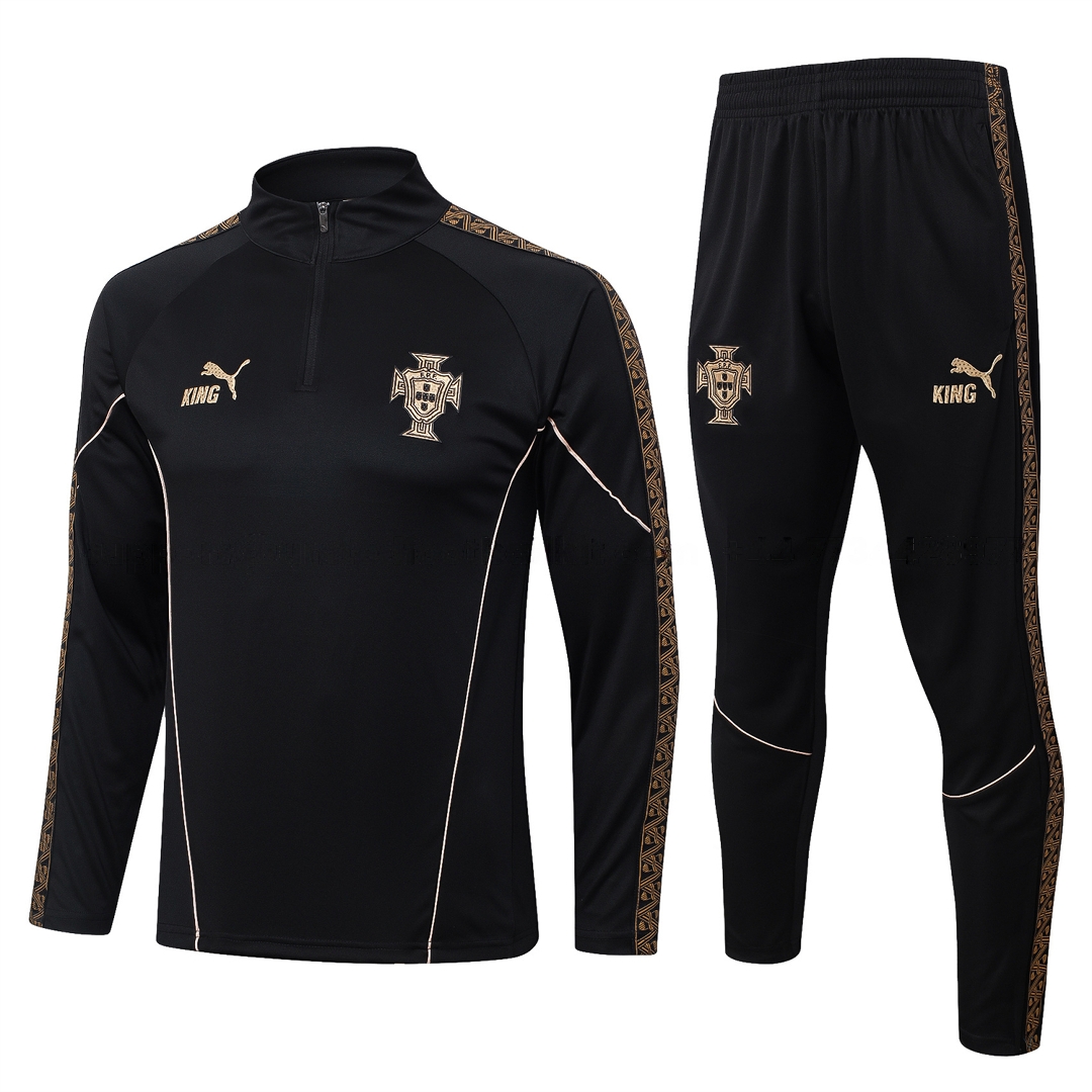 Portugal 2026 Long Sleeve Training Set - Gold Lines Black Top & Pants - ManixJersey