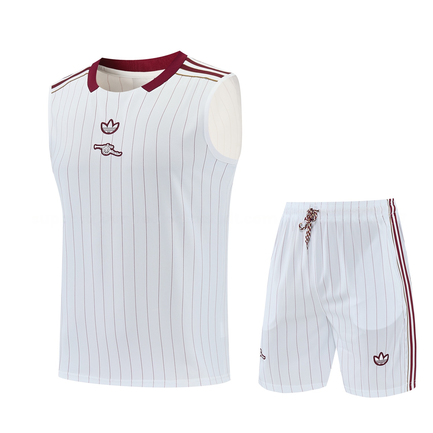 Arsenal 25-26 Retro Style Vest Training Set - White With Burgundy Stripes And Collar Top & Pants - ManixJersey