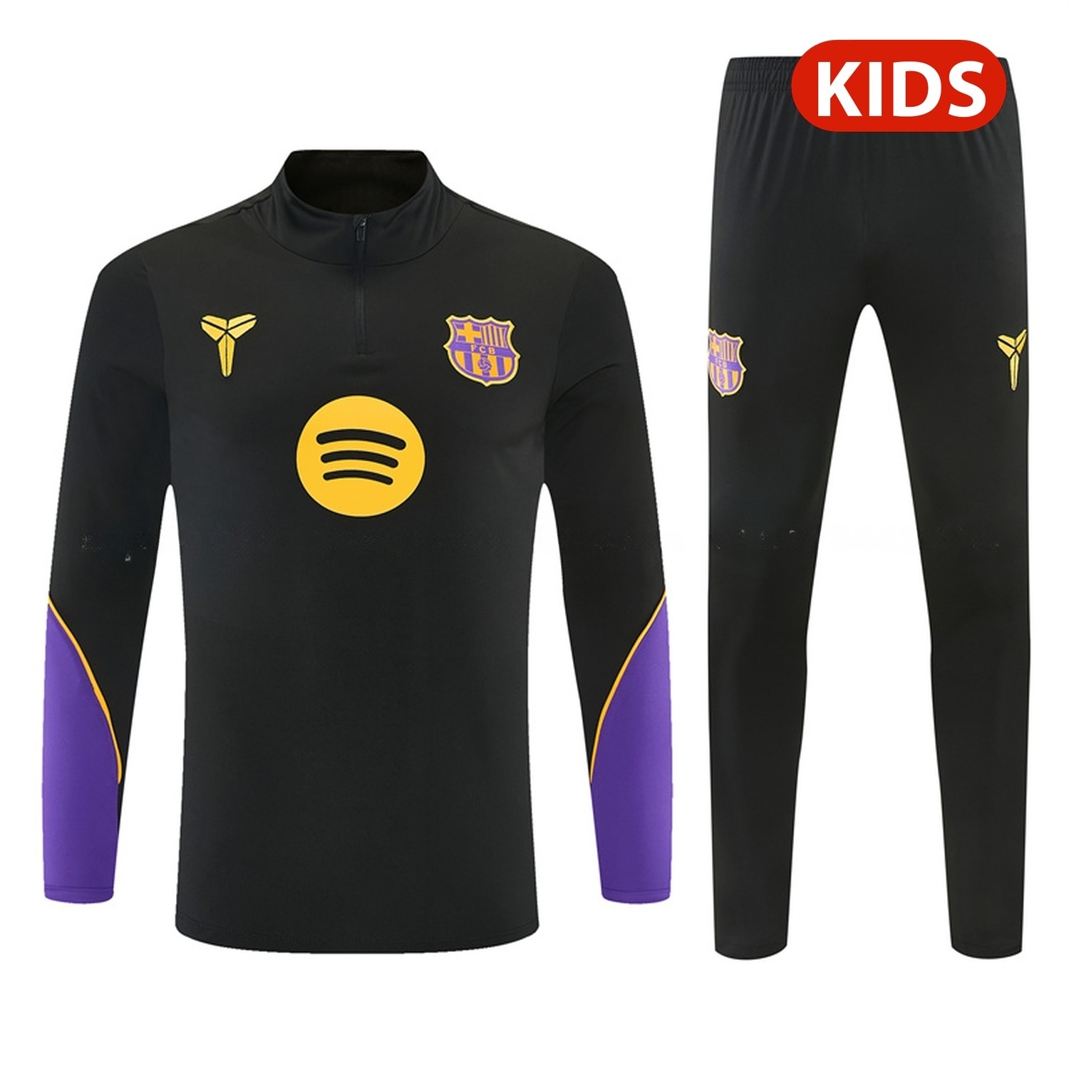 Barcelona 26-27 Purple Trim Kids Long Sleeve Training Set - Black Top & Black Pants - ManixJersey