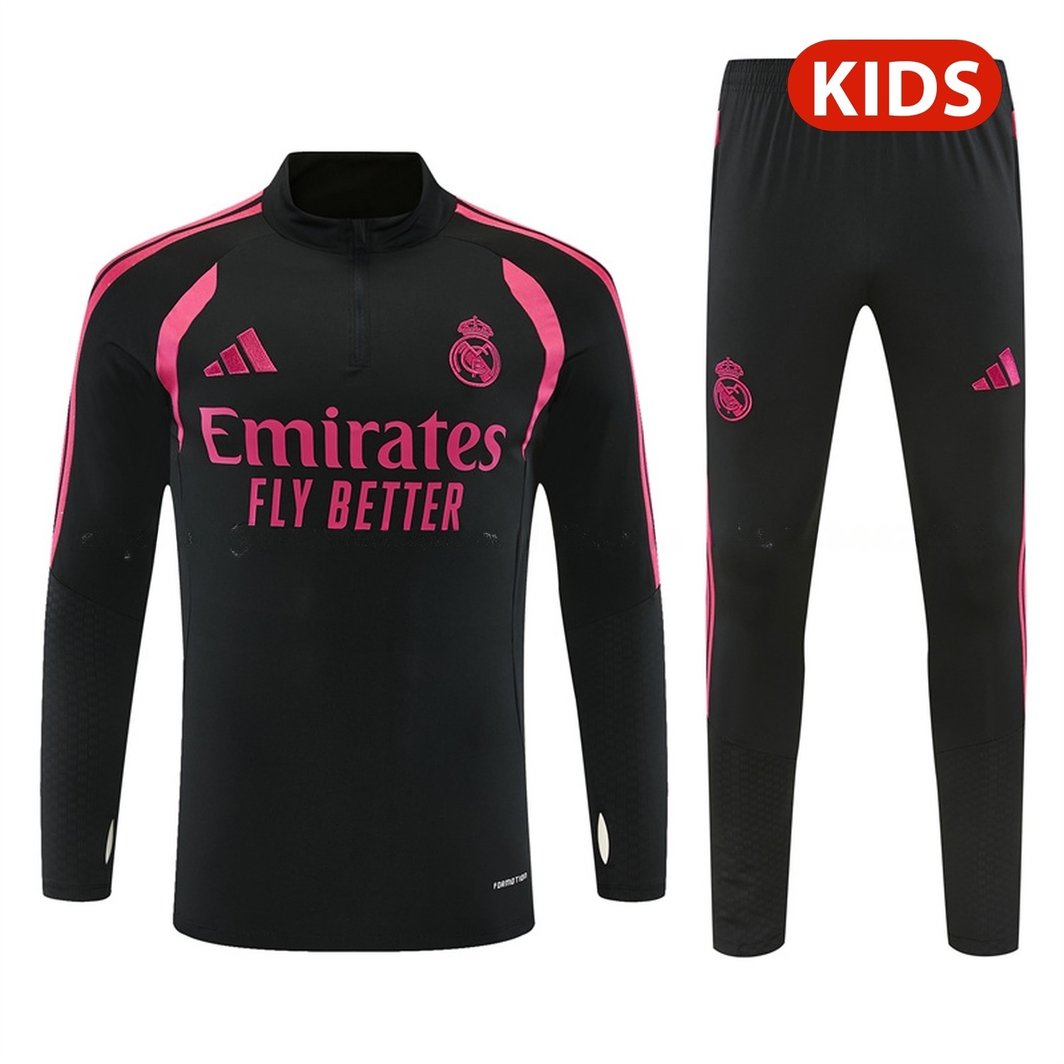 Real Madrid 26-27 With Rose Red Kids Long Sleeve Training Set - Black Top & Black Pants - ManixJersey