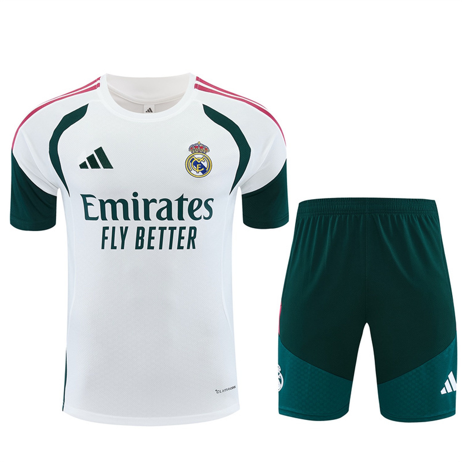 Real Madrid 26-27 Kids Short-Sleeve Training Set - White Top & Dark Green Shorts - ManixJersey