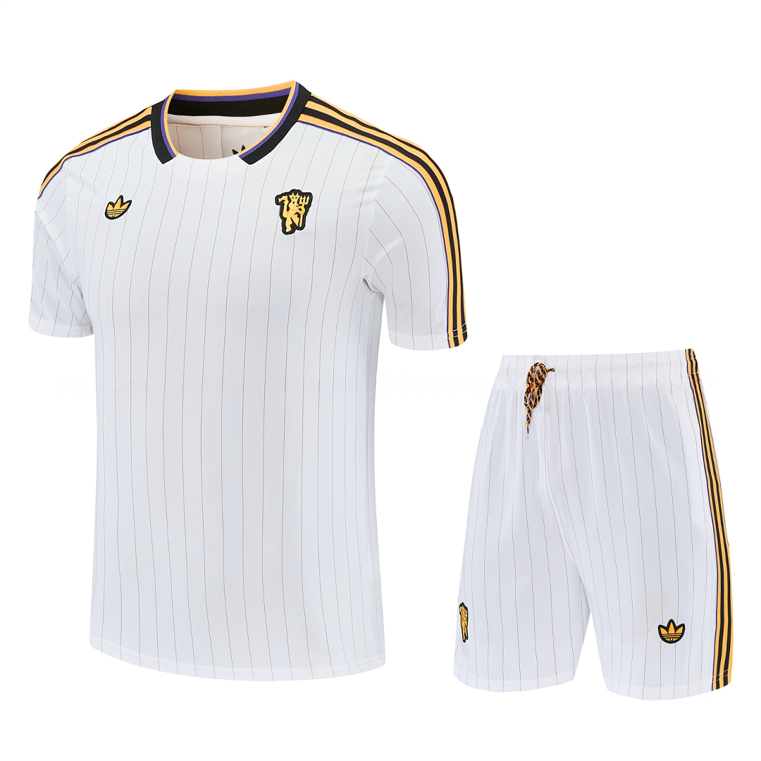 Manchester United 25-26 Retro Style Short-Sleeve Training Set - White With Thin Black Stripes Top & Pants - ManixJersey