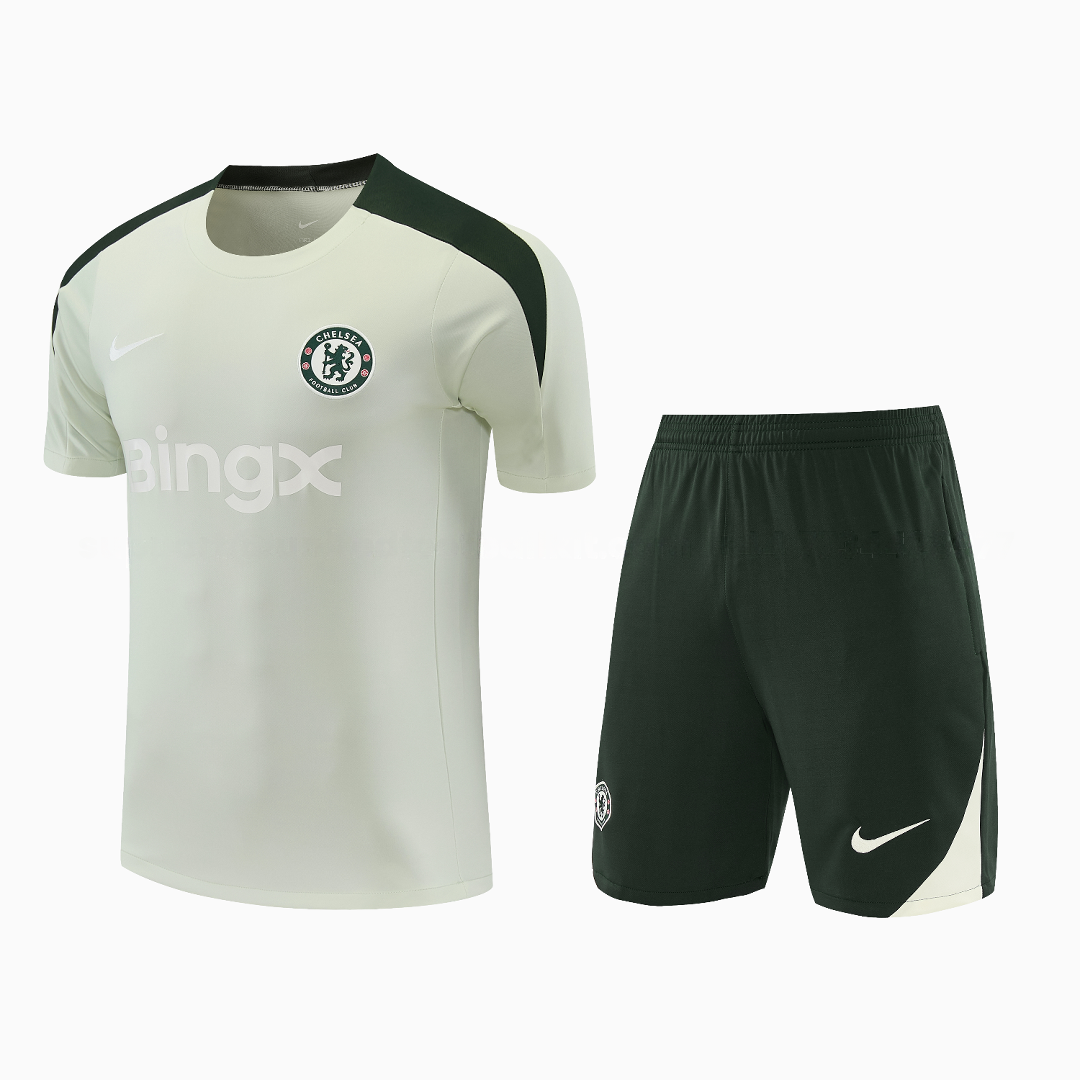 C.H.E.L.S.E.A 25-26 Short-Sleeve Training Set - Light Gray With Dark Green Accents Top & Dark Green Pants - ManixJersey