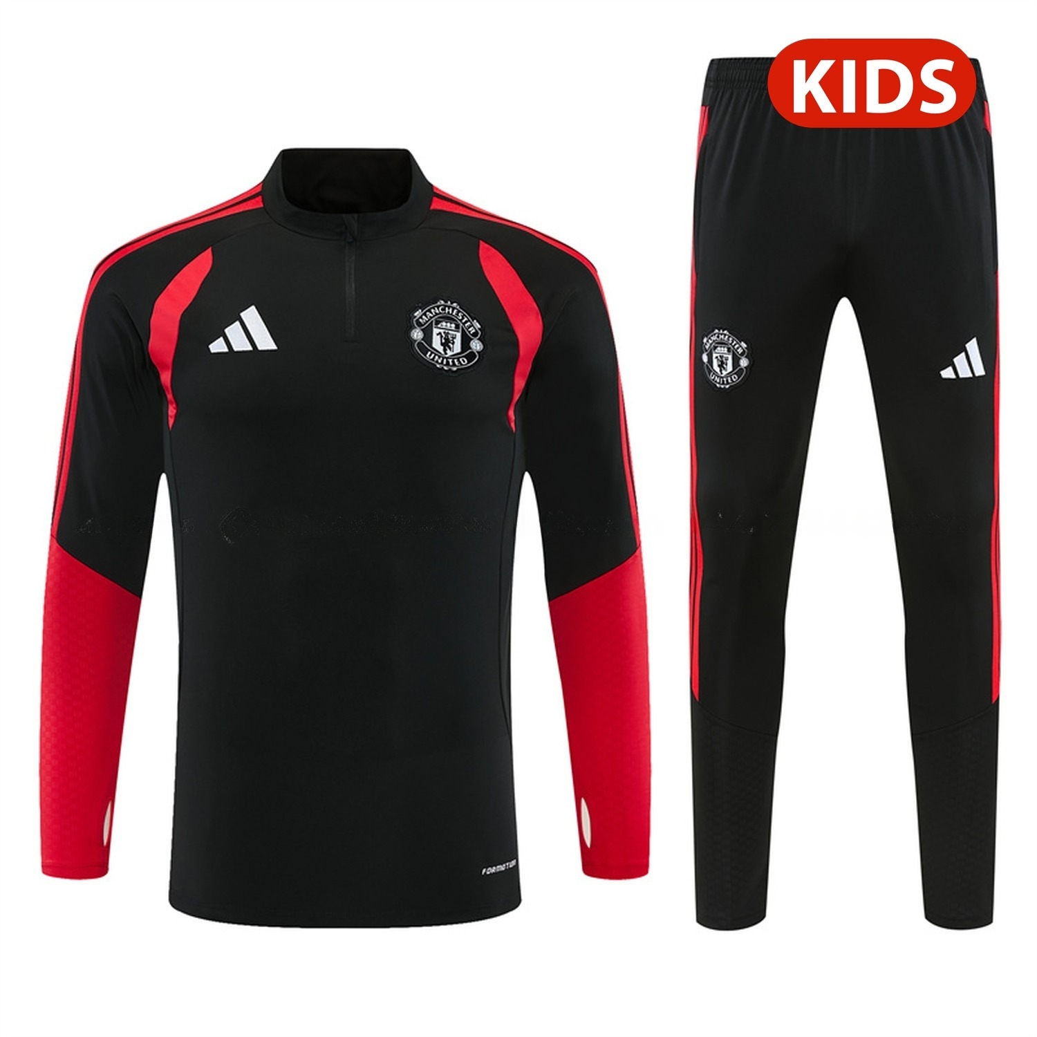 Manchester United 26-27 With Red Kids Long Sleeve Training Set - Black Top & Black Pants - ManixJersey