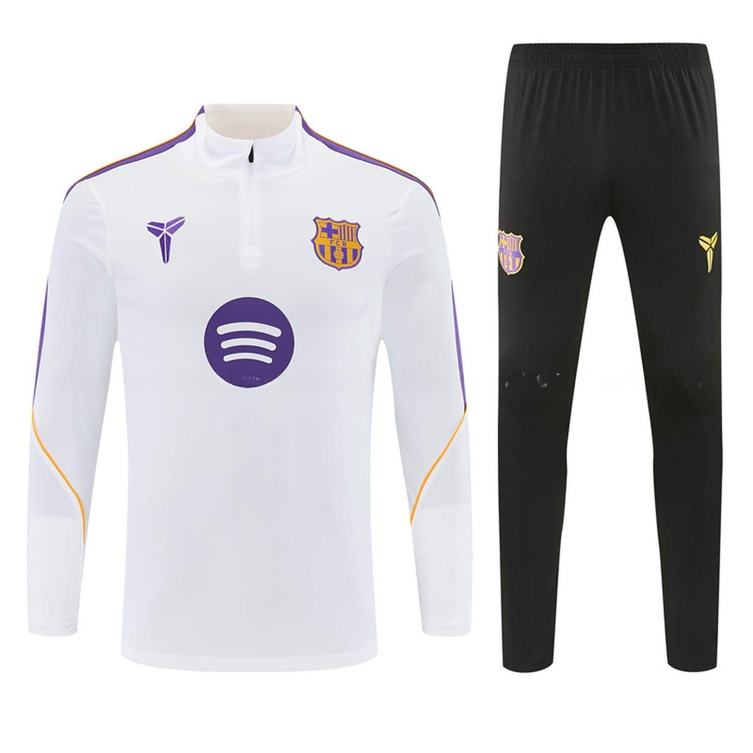 Barcelona 26-27 Purple Trim Long Sleeve Training Set - White Top & Black Pants - ManixJersey