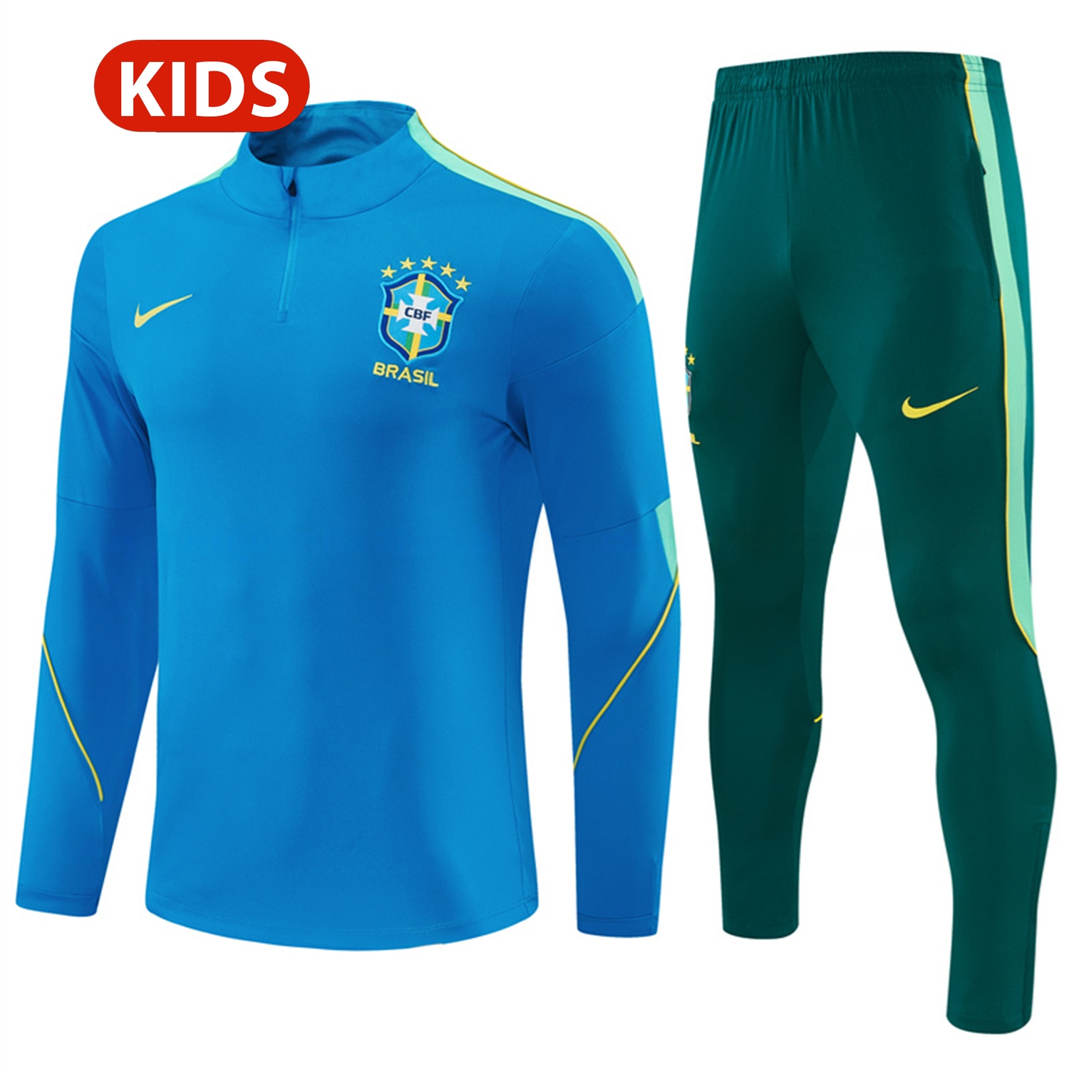 Brazil 2026 Kids Long Sleeve Training Set - Sky Blue Top & Dark Green Pants - ManixJersey