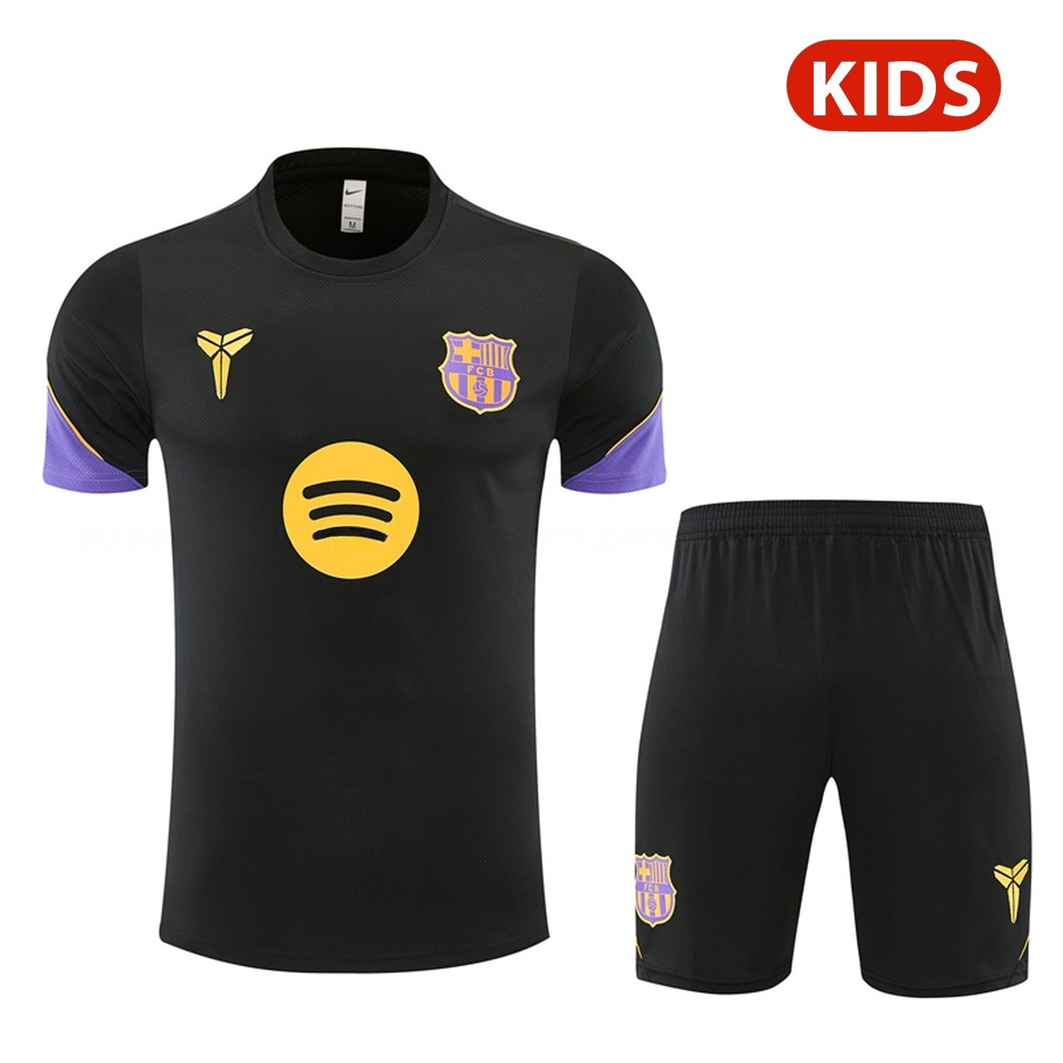 Barcelona 26-27 With Purple Kids Short-Sleeve Training Set - Black Top & Black Shorts - ManixJersey