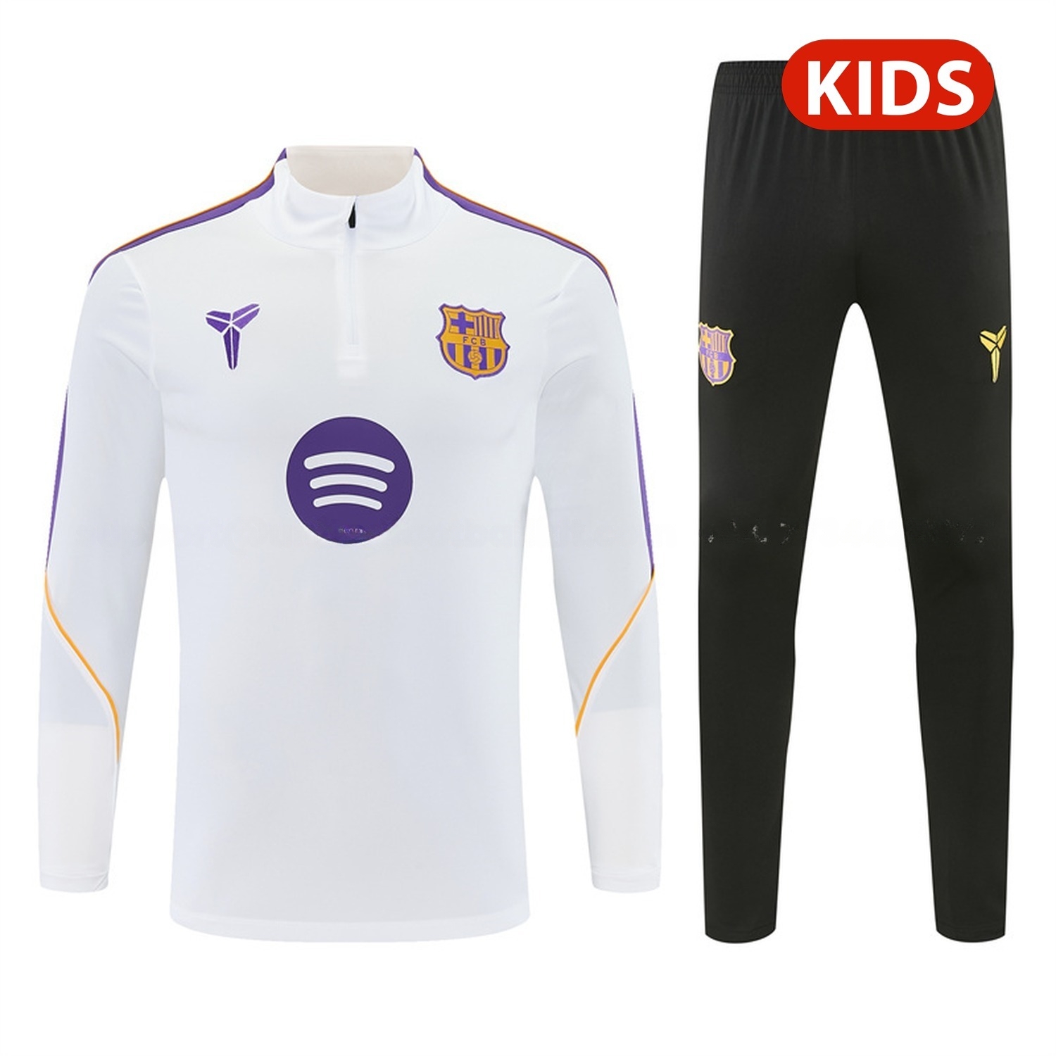 Barcelona 26-27 Purple Trim Kids Long Sleeve Training Set - White Top & Black Pants - ManixJersey