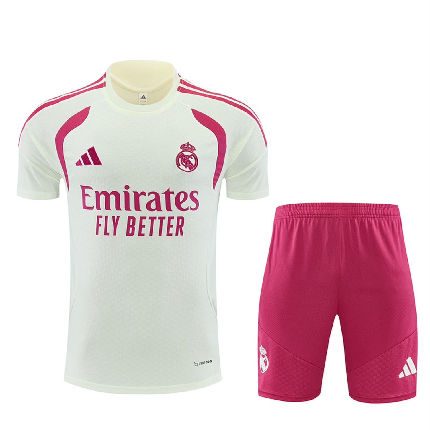 Real Madrid 26-27 Kids Short-Sleeve Training Set - Cream Top & Rose Red Shorts - ManixJersey