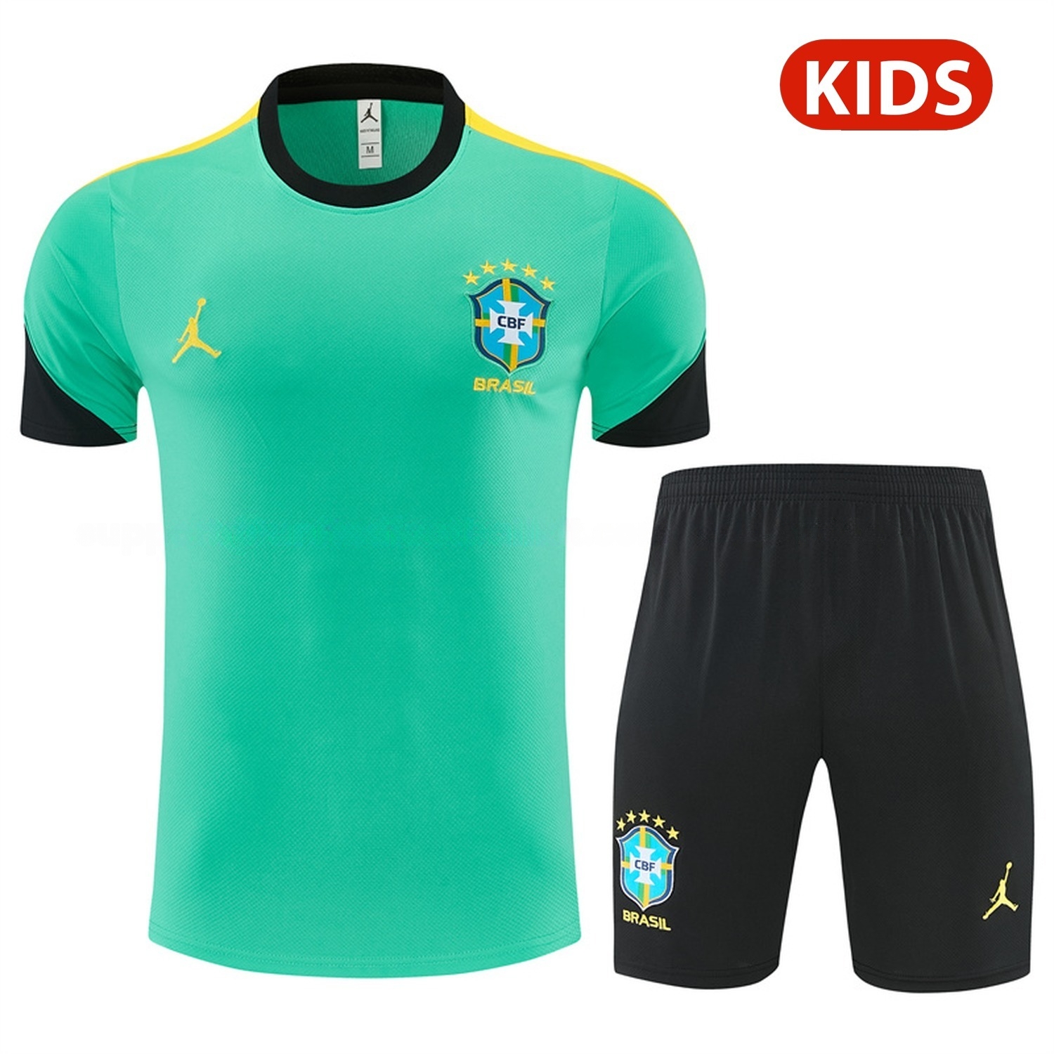Brazil 2026 Kids Short-Sleeve Training Set - Light Green Top & Black Shorts - ManixJersey