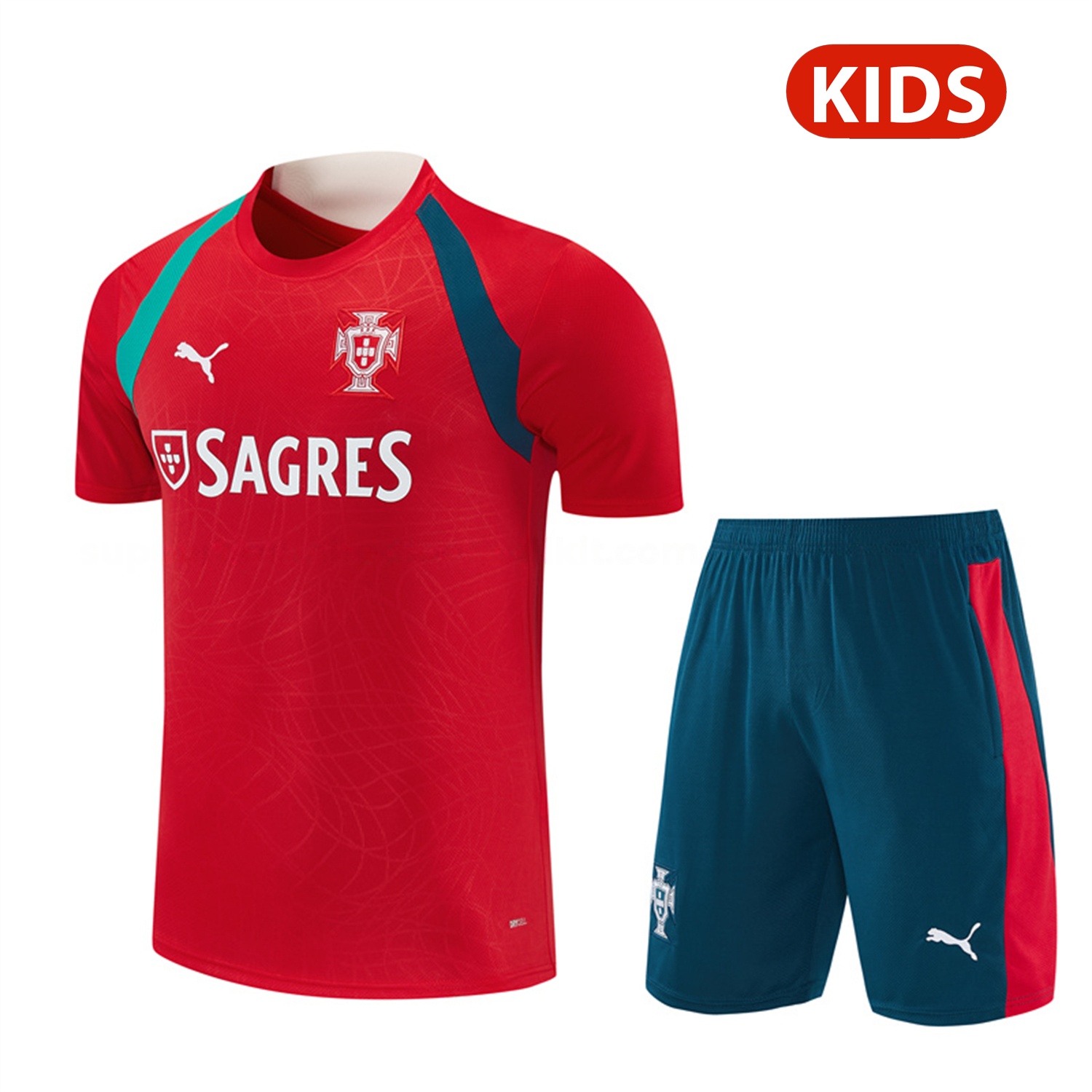 Portugal 2026 Kids Short-Sleeve Training Set - Colors Top & Dark Blue With Red Stripe Pants - ManixJersey