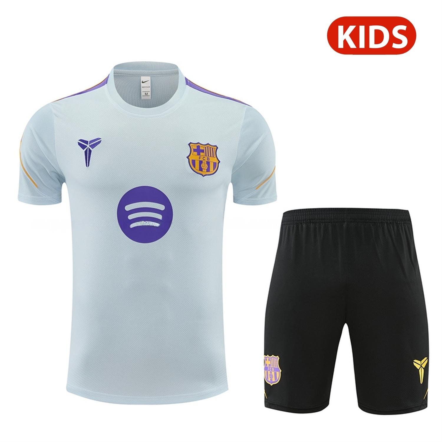 Barcelona 26-27 Kids Short-Sleeve Training Set - Light Grey Top & Black Shorts - ManixJersey