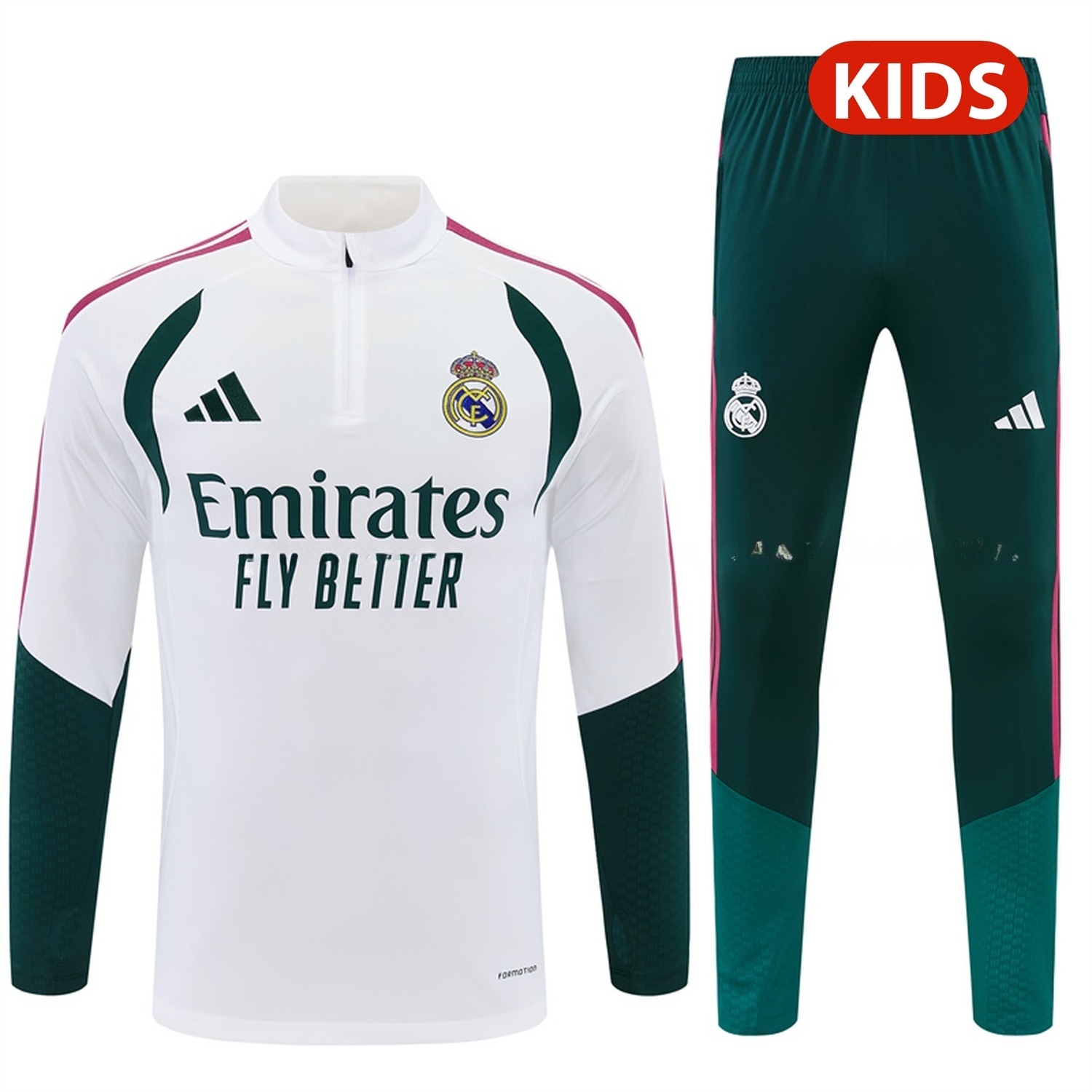 Real Madrid 26-27 Kids Long Sleeve Training Set - White Top & Dark Green Pants - ManixJersey