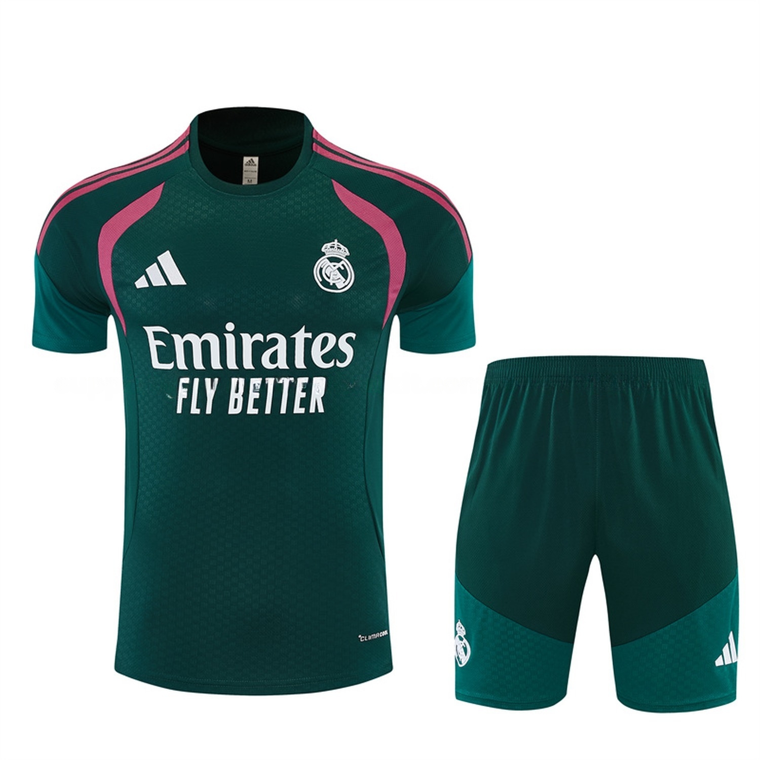 Real Madrid 26-27 Rose Red Stripes Short-Sleeve Training Set - Dark Green Top & Dark Green Shorts - ManixJersey