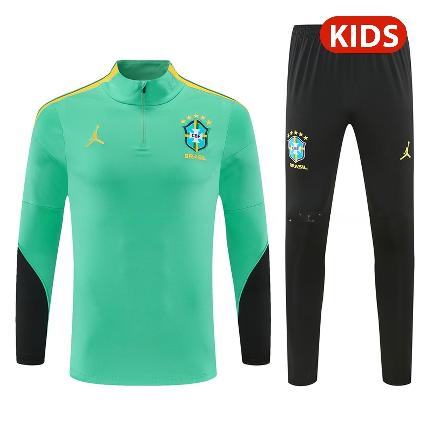Brazil 2026 Kids Long Sleeve Training Set - Light Green Top & Black Pants - ManixJersey