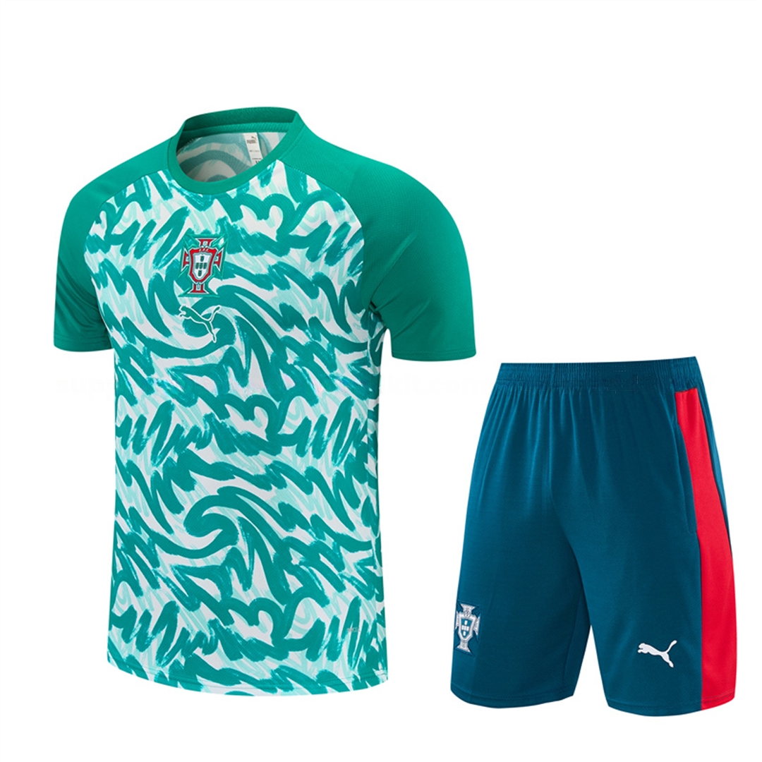 Portugal 2026 Short-Sleeve Training Set - Colors Top & Dark Teal Blue With A Red Stripe On The Side Pants - ManixJersey