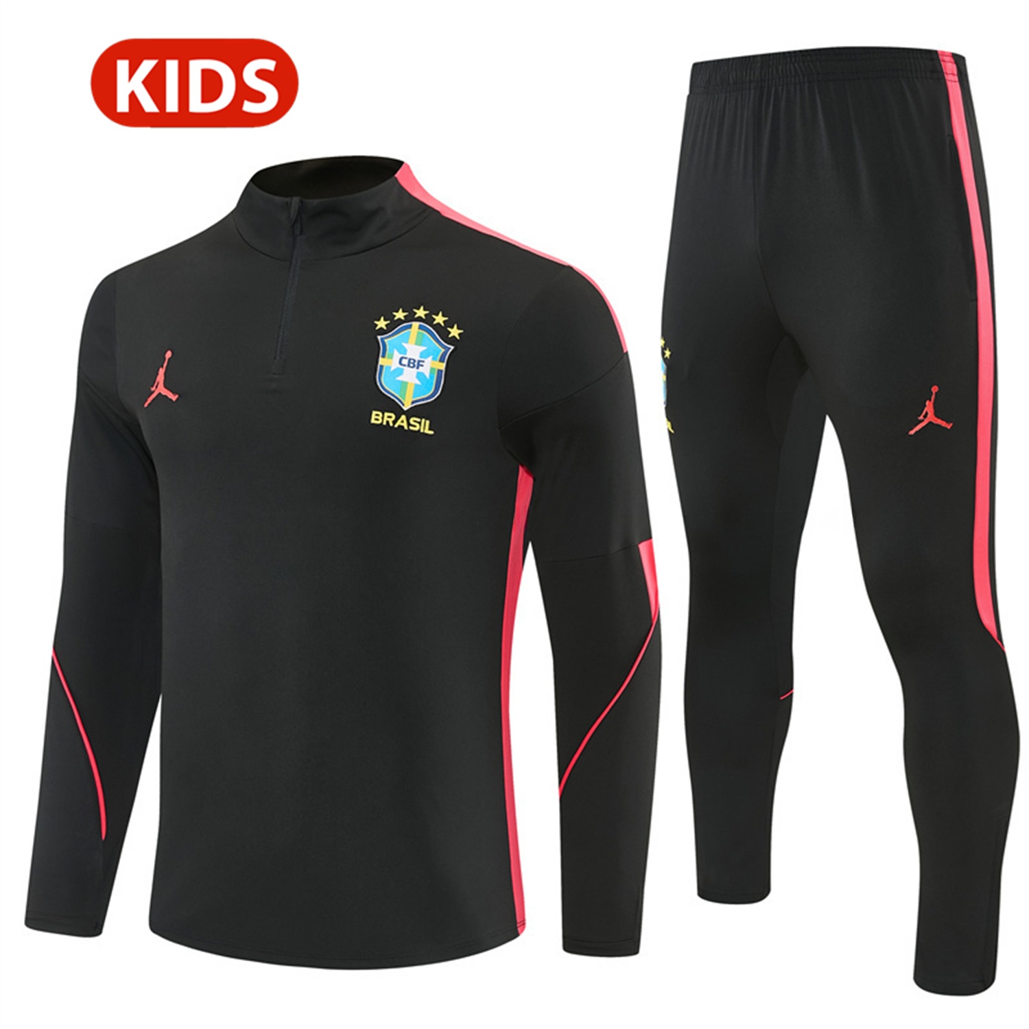 Brazil X JD 2026 Kids Long Sleeves Training Set - Black Top And Black Orange Pants - ManixJersey
