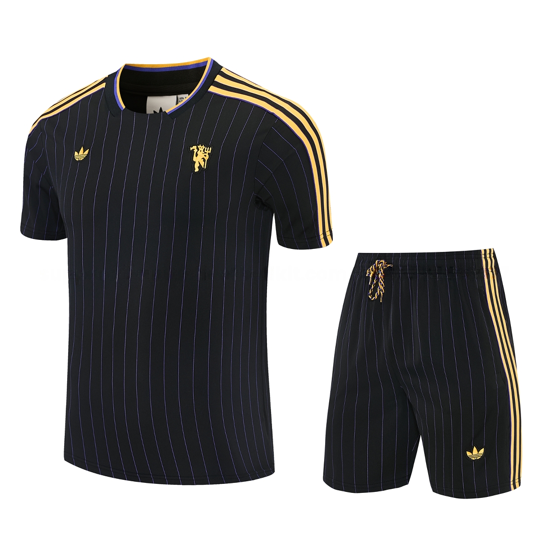 Manchester United 25-26 Retro Style Short-Sleeve Training Set - Black With Yellow Accents Top & Pants - ManixJersey