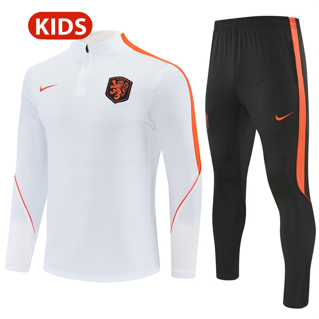 Netherlands 2026 Kids Long Sleeves Training Set - White With Orange Accents Top & Black Pants - ManixJersey