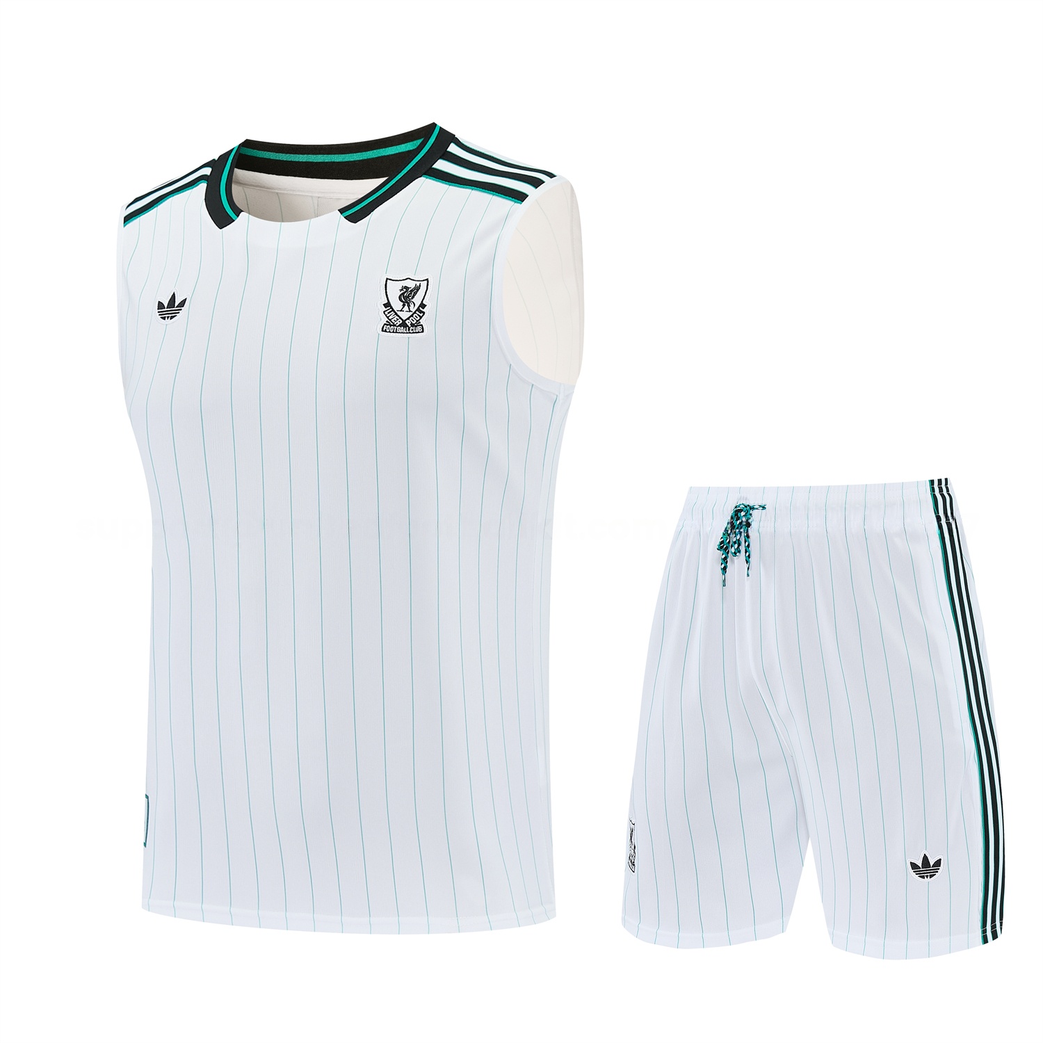 Liver.pool 25-26 Retro Style Vest Training Set - White With Green Stripes Top & Pants - ManixJersey