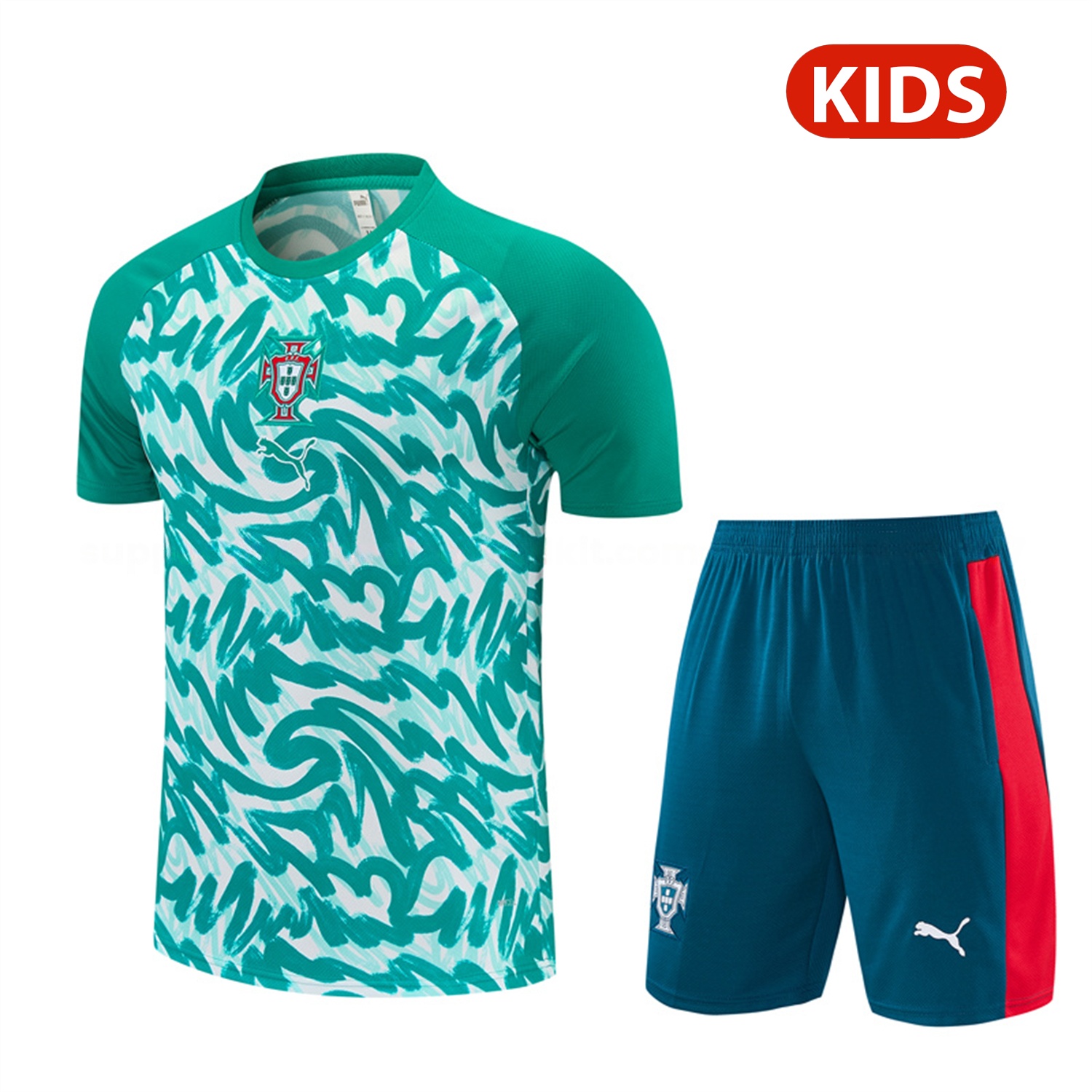 Portugal 2026 Kids Short-Sleeve Training Set - Colors Top & Dark Teal Blue With A Red Stripe On The Side Pants - ManixJersey