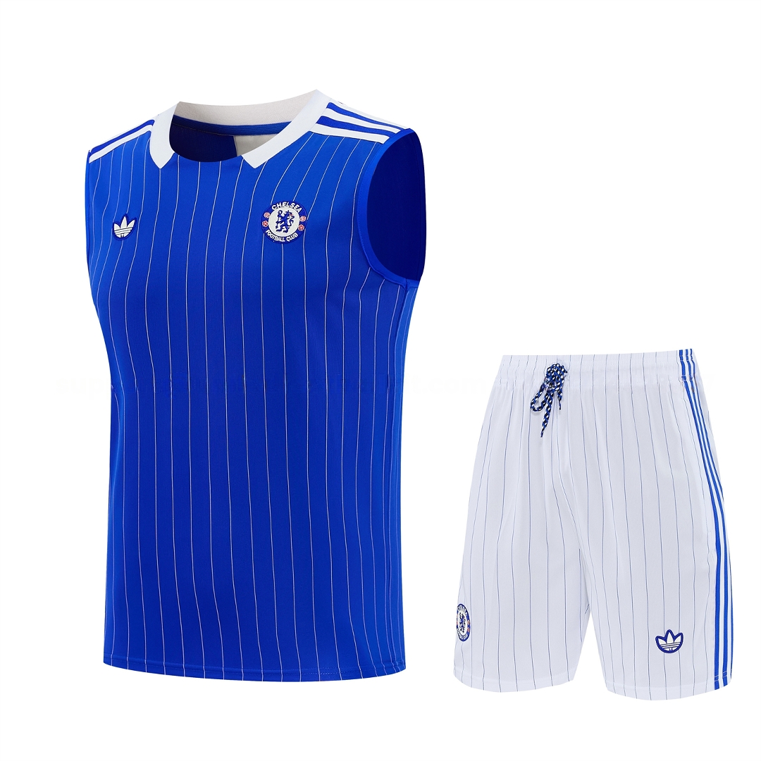 C.H.E.L.S.E.A 25-26 Retro Style Vest Training Set - Blue Top & White With Blue Stripes Pants - ManixJersey