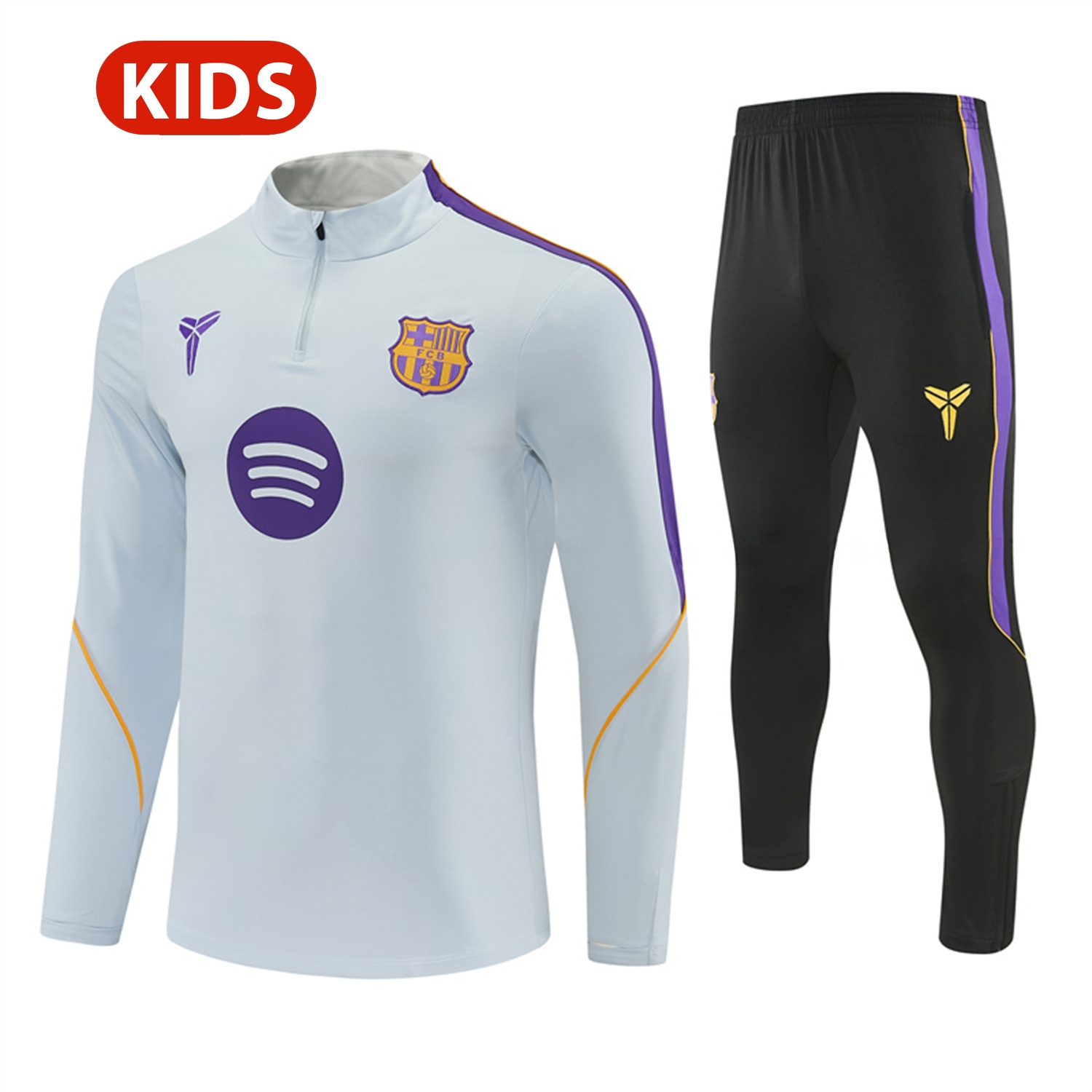 Barcelona 26-27 Kids Long Sleeves Training Set - Light Grey Top & Black Pants - ManixJersey