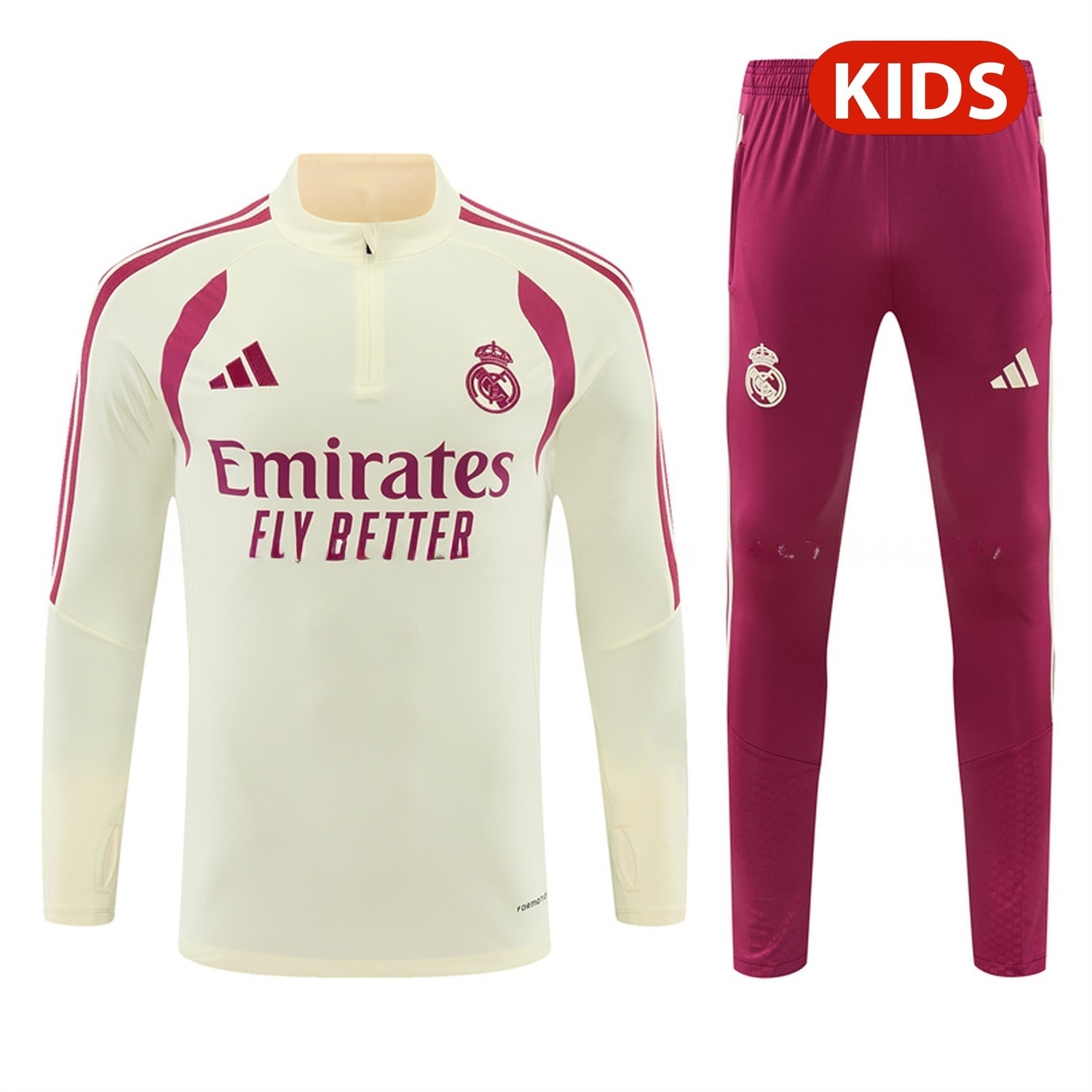 Real Madrid 26-27 Kids Long Sleeve Training Set - Cream Top & Rose Red Pants - ManixJersey