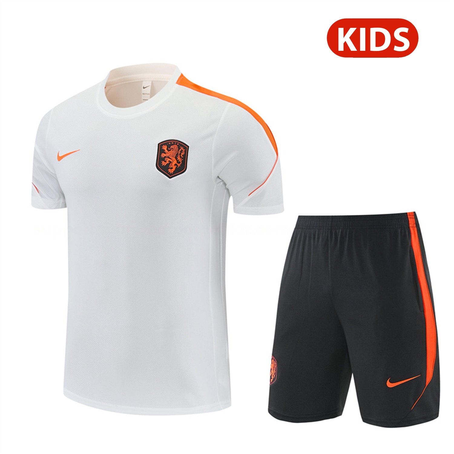 Netherlands 2026 Kids Short-Sleeve Training Set - White With Orange Top & Black With Orange Pants - ManixJersey