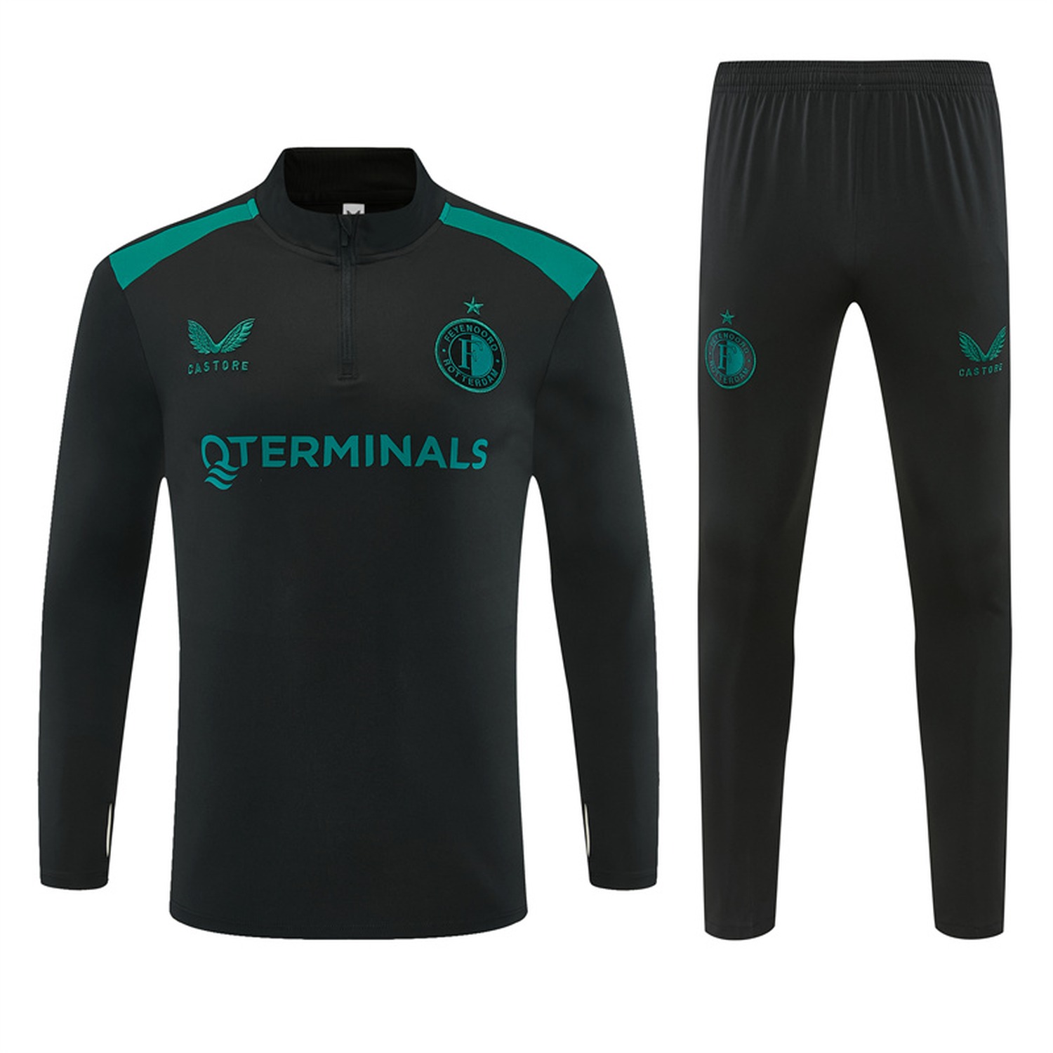 Feyenoord 26-27 Long Sleeve Training Set - Black With Green Top & Black Pants - ManixJersey