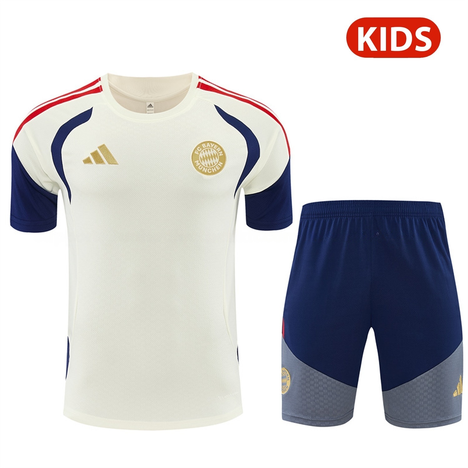 Bayern Munich 26-27 Kids Short-Sleeve Training Set - Cream Top & Deep Blue Shorts - ManixJersey