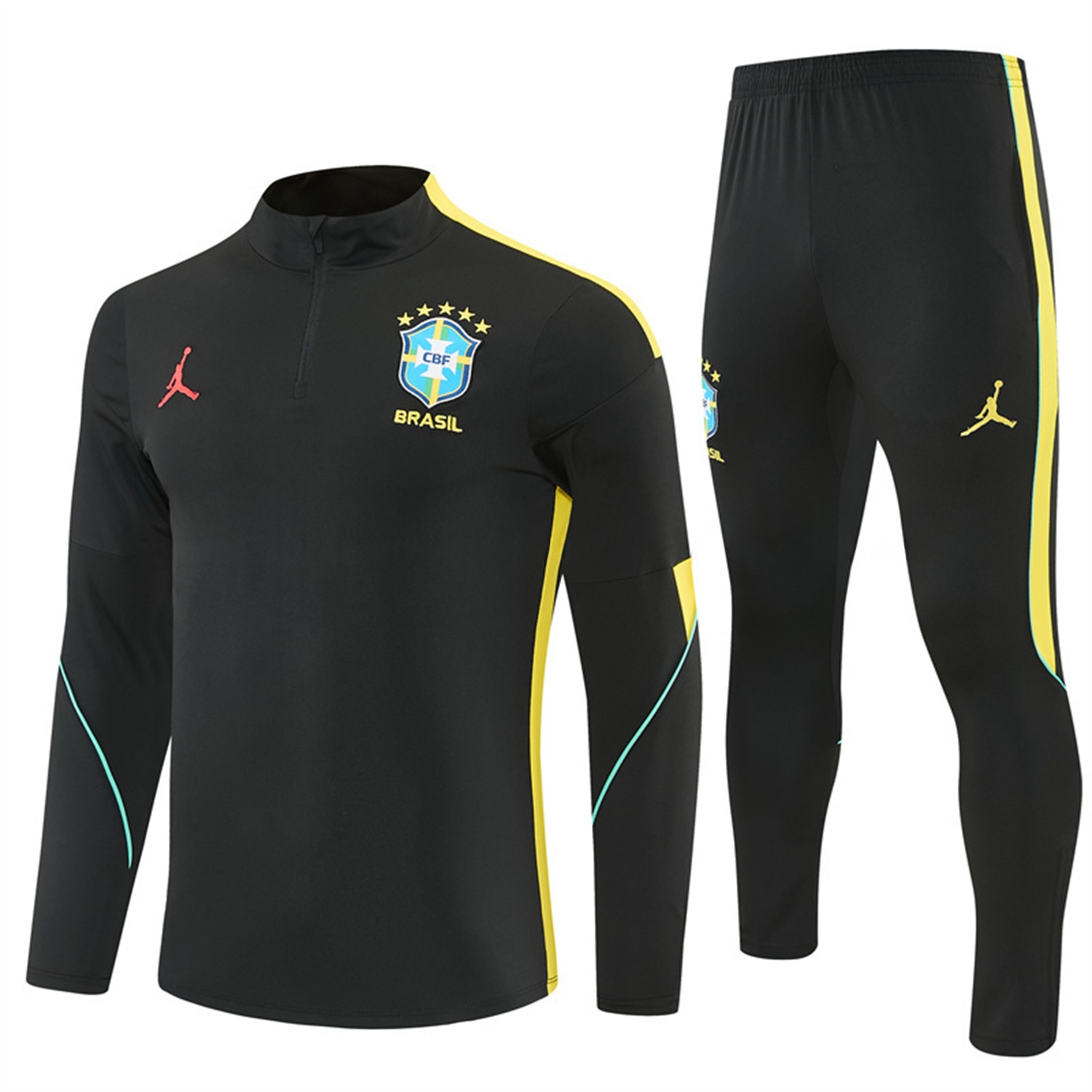 Brazil X JD 2026 Long Sleeves Training Set - Black Top And Black Yellow Pants - ManixJersey