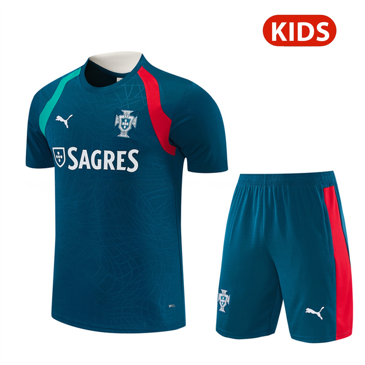 Portugal 2026 Kids Short-Sleeve Training Set - Dark Teal With Red And Light Teal Accents Top & Colors Pants - ManixJersey