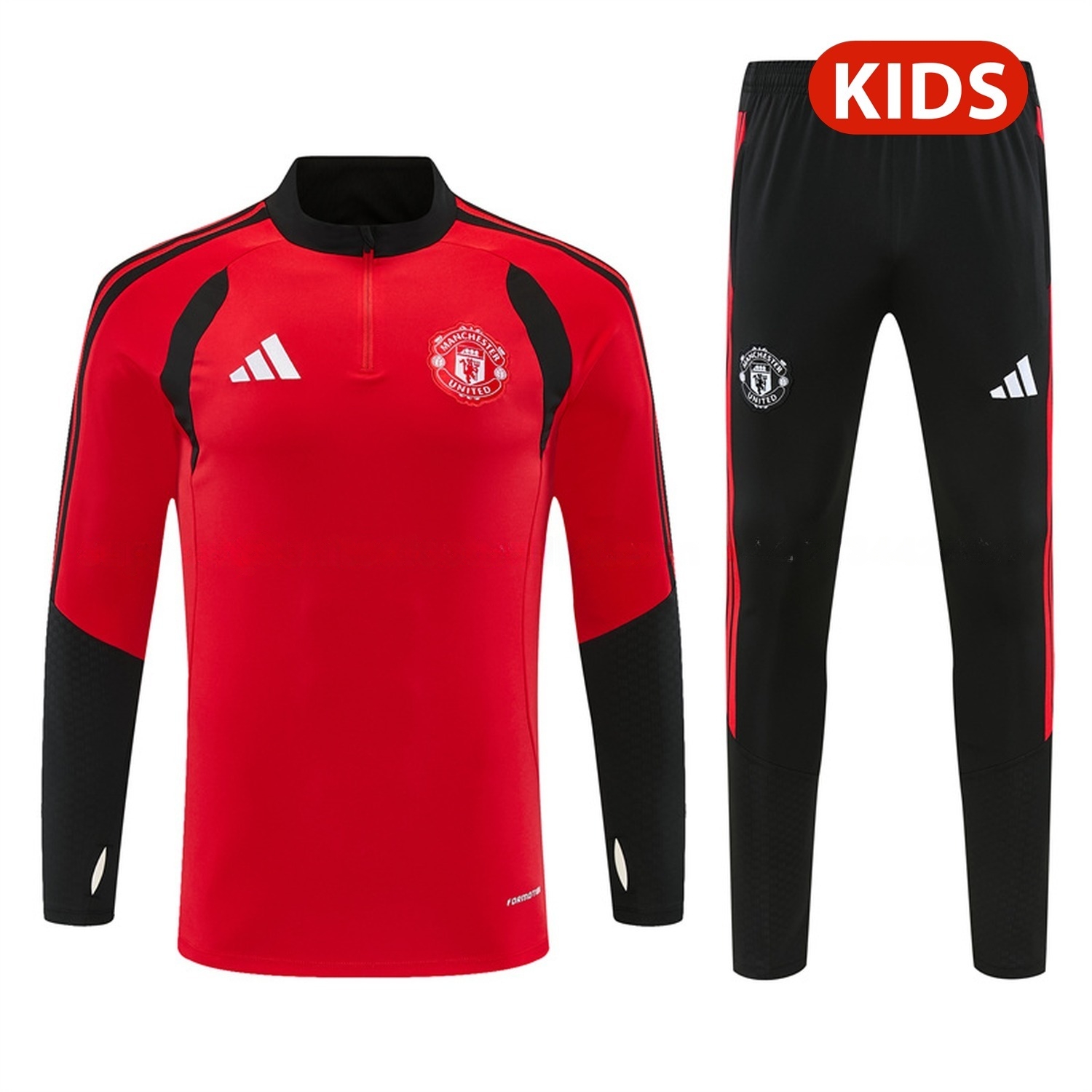 Manchester United 26-27 Black Collar Kids Long Sleeve Training Set - Red Top & Black Pants - ManixJersey