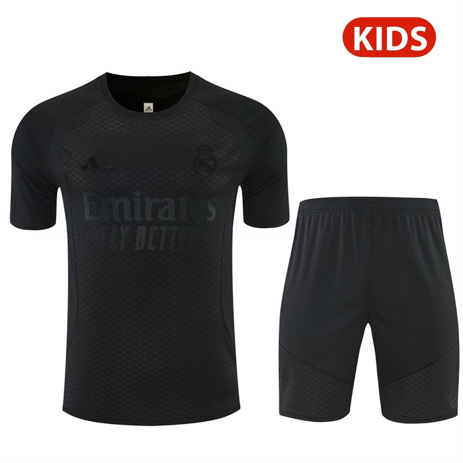 Real Madrid 26-27 Kids Short-Sleeve Training Set - Pure Black Top & Black Shorts - ManixJersey
