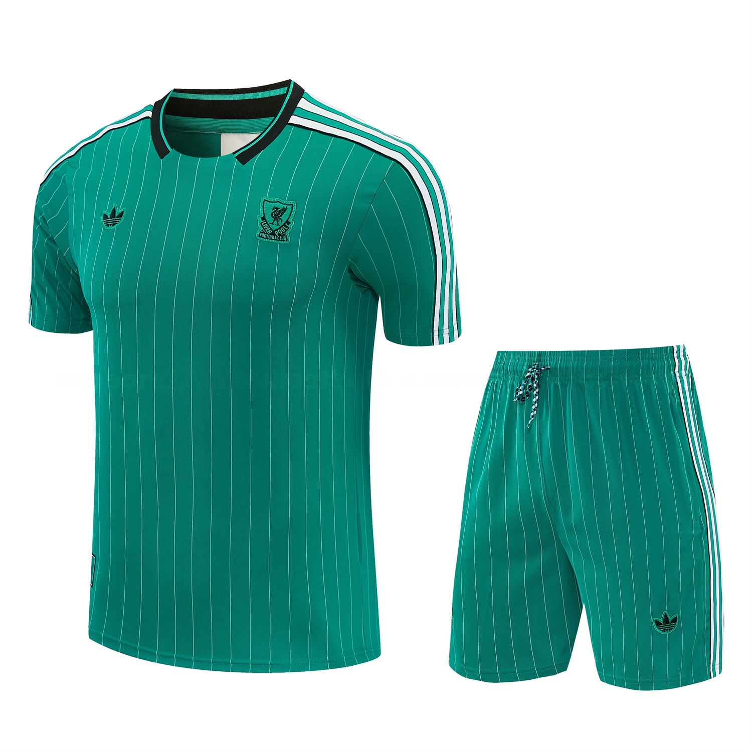 Liver.pool 25-26 Retro Style Short-Sleeve Training Set - Green With White Stripes Top & Pants - ManixJersey
