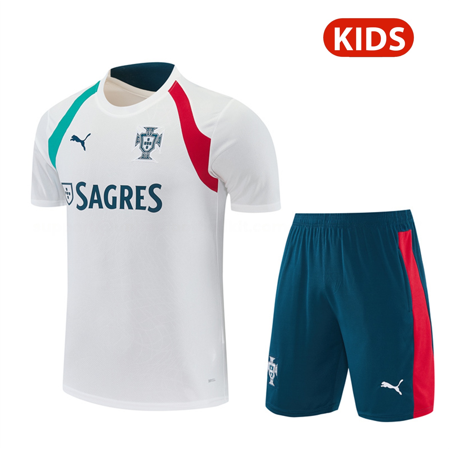 Portugal 2026 Kids Short-Sleeve Training Set - White With Red And Green Accents Top & Dark Blue Pants - ManixJersey