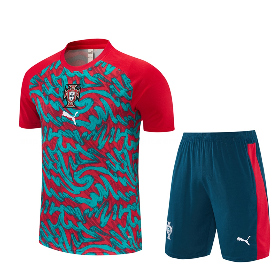 Portugal 2026 Short-Sleeve Training Set - Red And Turquoise With A Swirling Pattern Top & Pants - ManixJersey