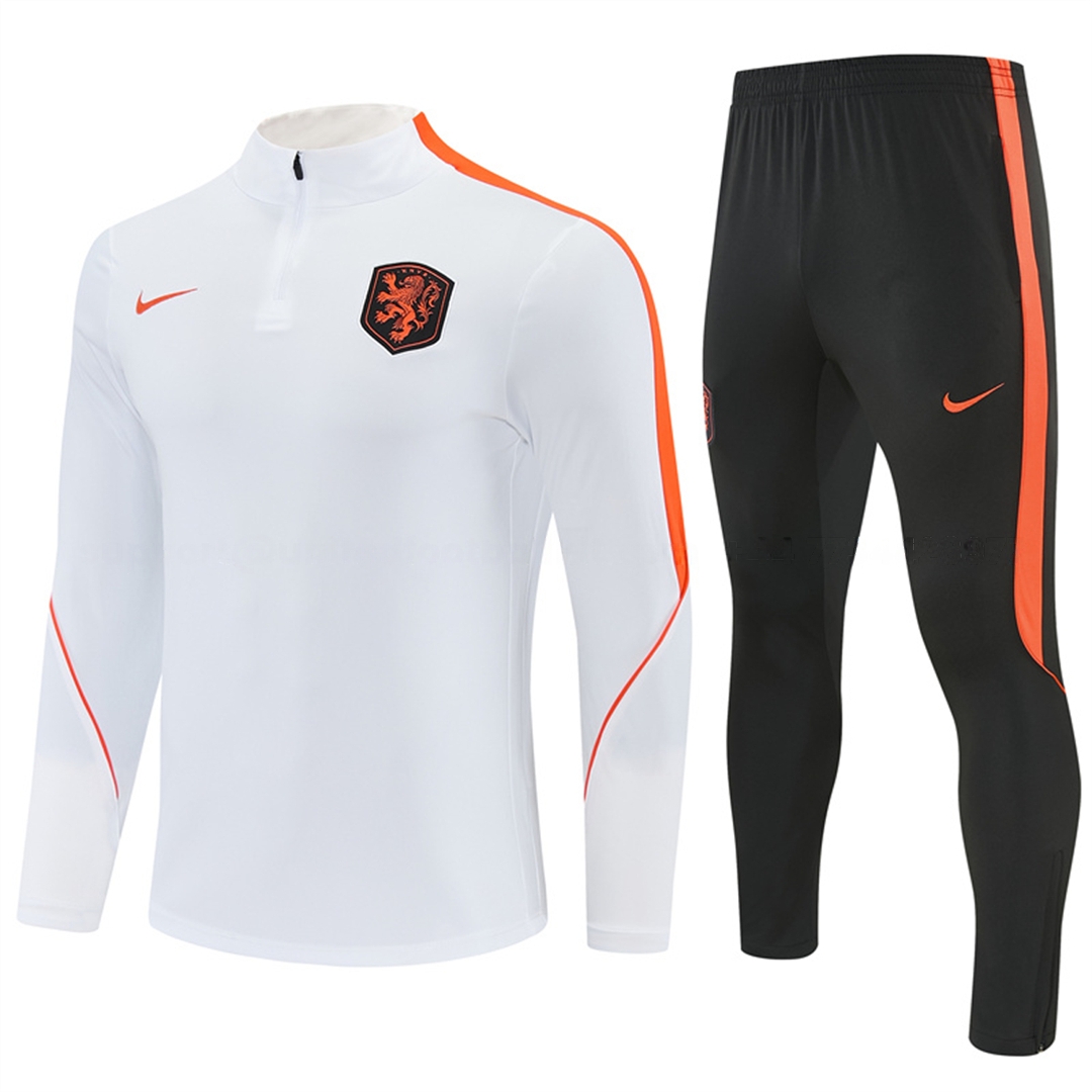 Netherlands 2026 Long Sleeves Training Set - White With Orange Accents Top & Black Pants - ManixJersey