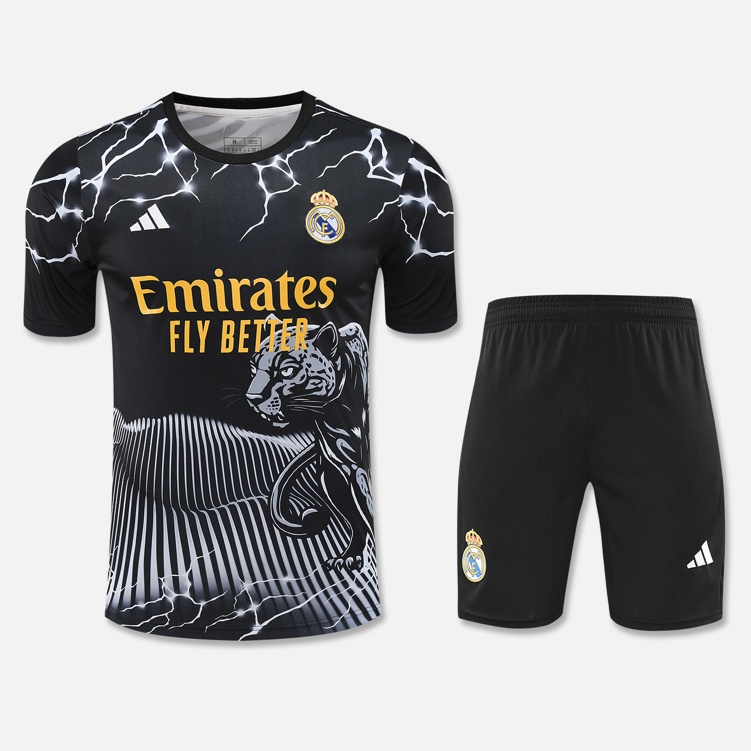 Real Madrid 24-25 Short-Sleeve Training Set - White Leopard Top & Black Shorts - ManixJersey