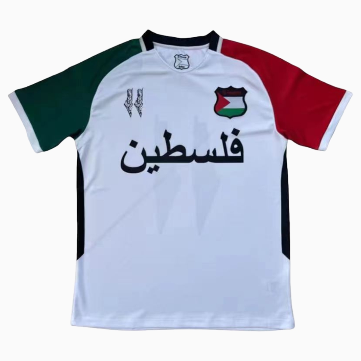 FC Palestina 24-25 White Jersey with Blue and Red Sleeves, Arabic and Pattern - ManixJersey