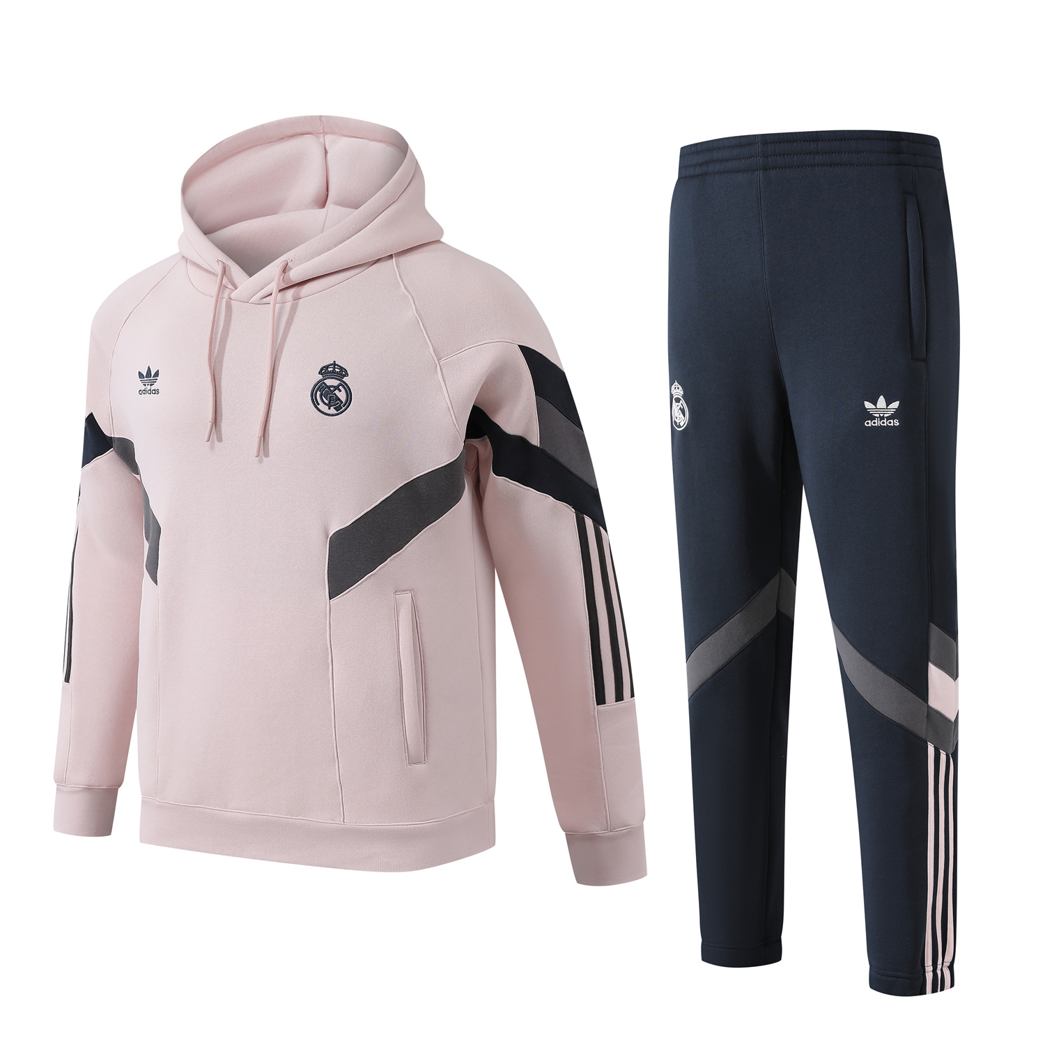 Real Madrid 24-25 Fleece-Lined Training Hoodie Set - Light Pink Hoodie and Deep Grey Pants - ManixJersey