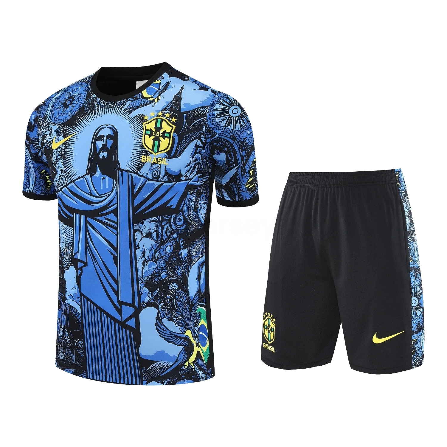 Brazil 25-26 Blue Jesus Statue Short-Sleeve Training Set - Blue Top & Black Shorts - ManixJersey